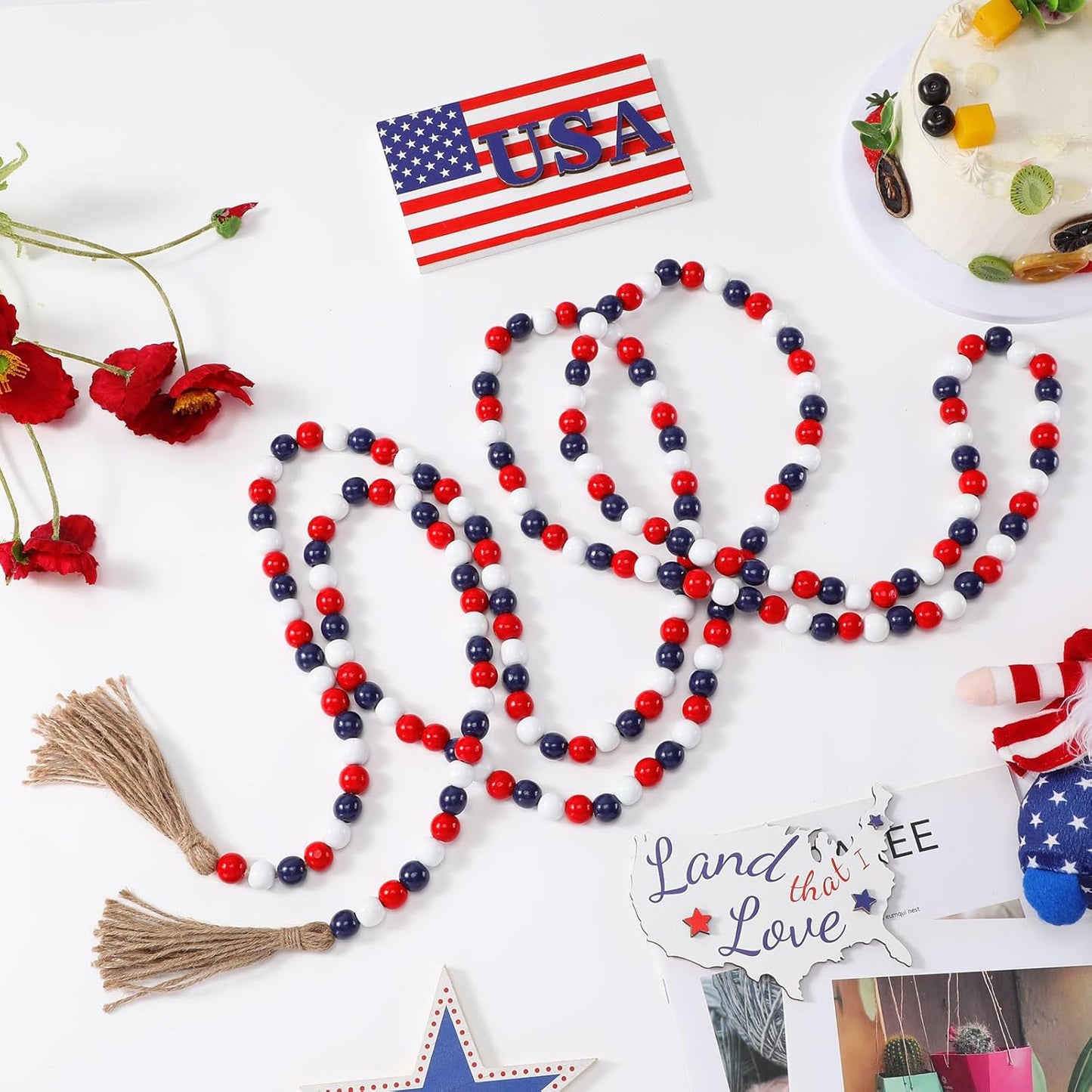 Wooden Bead Garland / Red, White, Blue