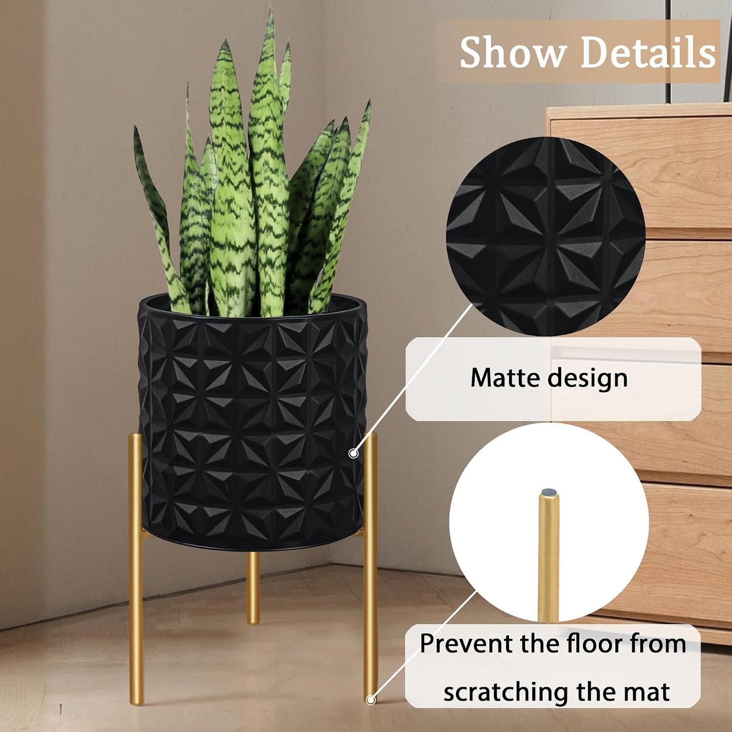 ARNIS Modern Planter Pots, Set of 2 Large Planters with Stand, Decorative Planters, Metal Pots with Drainage Holes for
