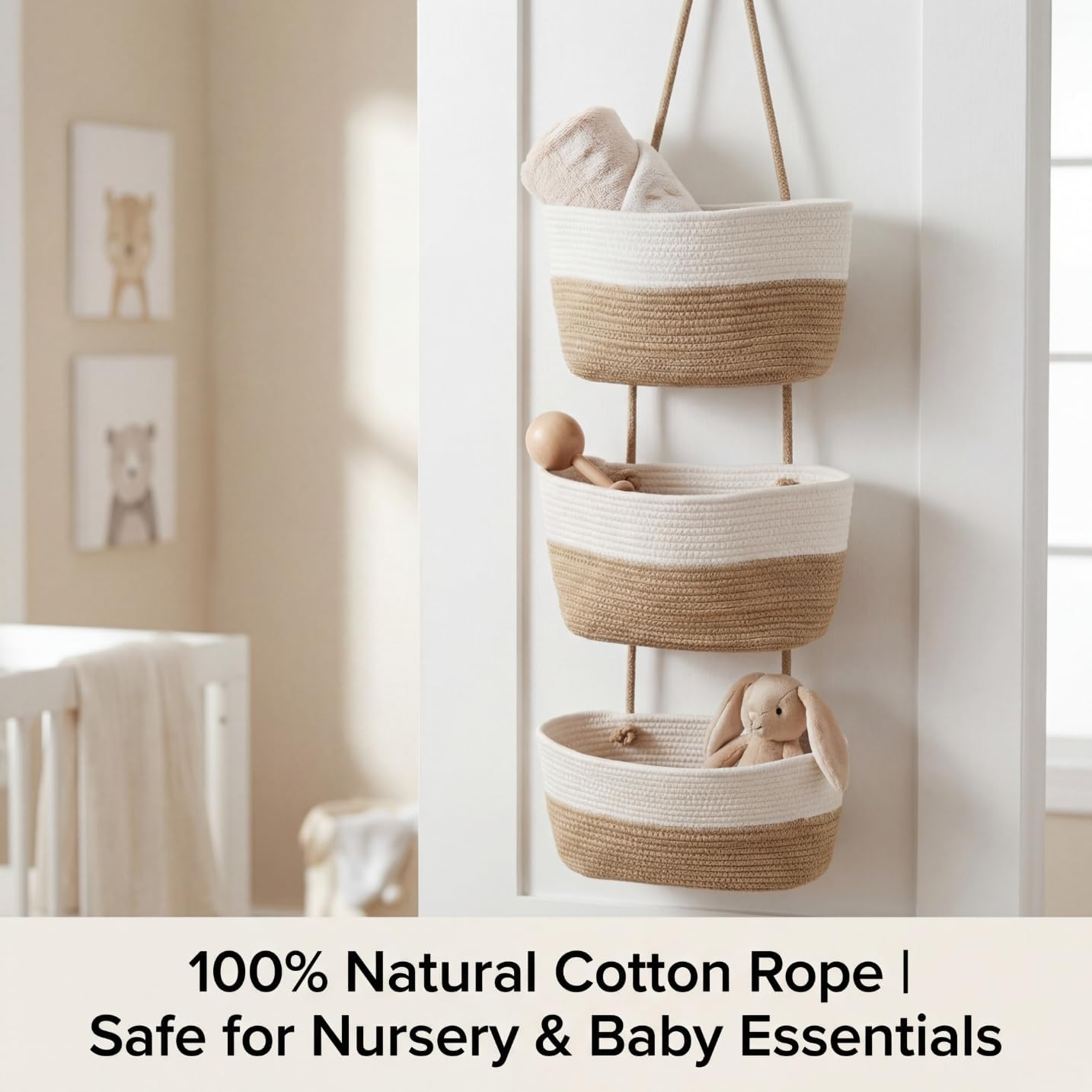 Hooks / Hanging Wall Basket / White&jute