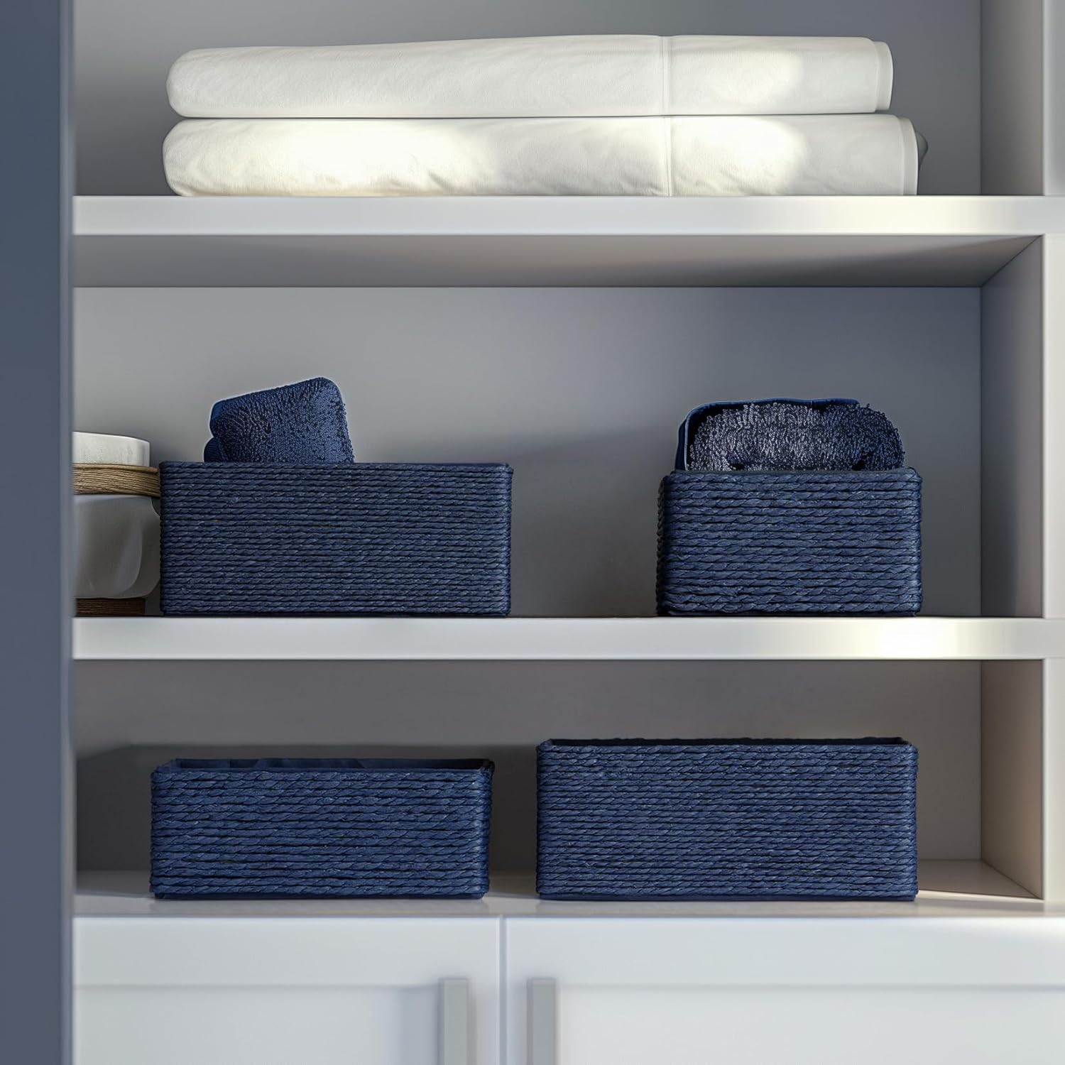 Stackable Wicker Baskets / Navy Blue / Set of 4