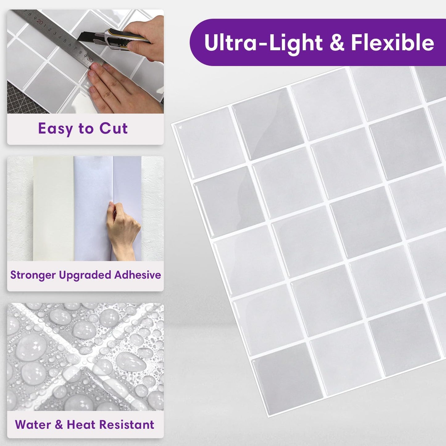 Thicker Peel and Stick Backsplash Tiles- of "- 3D / ST-SM-Q / Light Gray / 12 x 12 / Set of 10