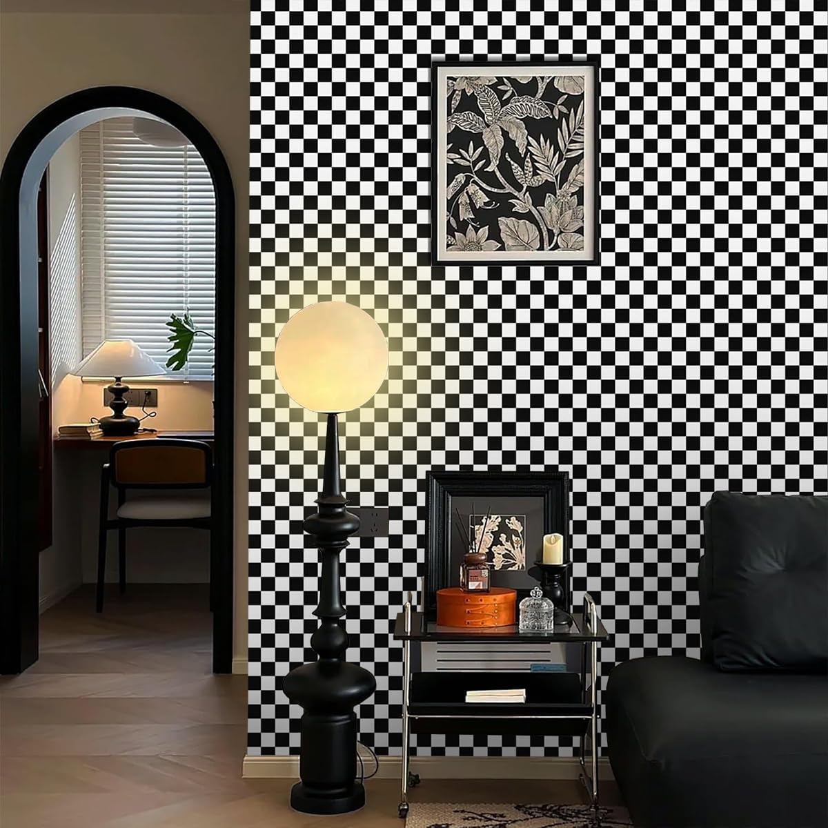 White Wallpaper Peel and Stick Checkered Contact Paper " Mosaic Checkered / 17.7 x 393.7 / Black