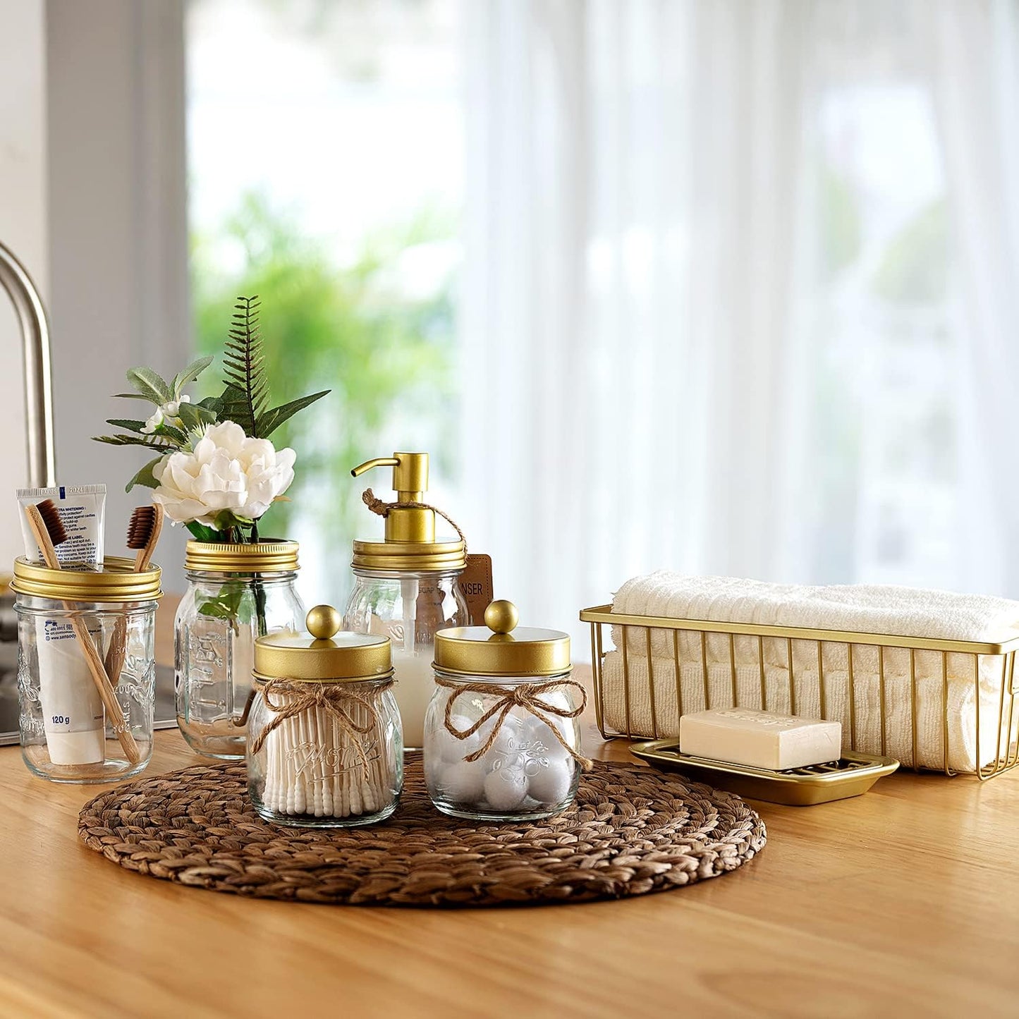 SheeChung Mason Jar Bathroom Accessories Set, 6Pcs Rustic Bathroom Set,Gold | Glass Bathroom Accessory Set, Soap