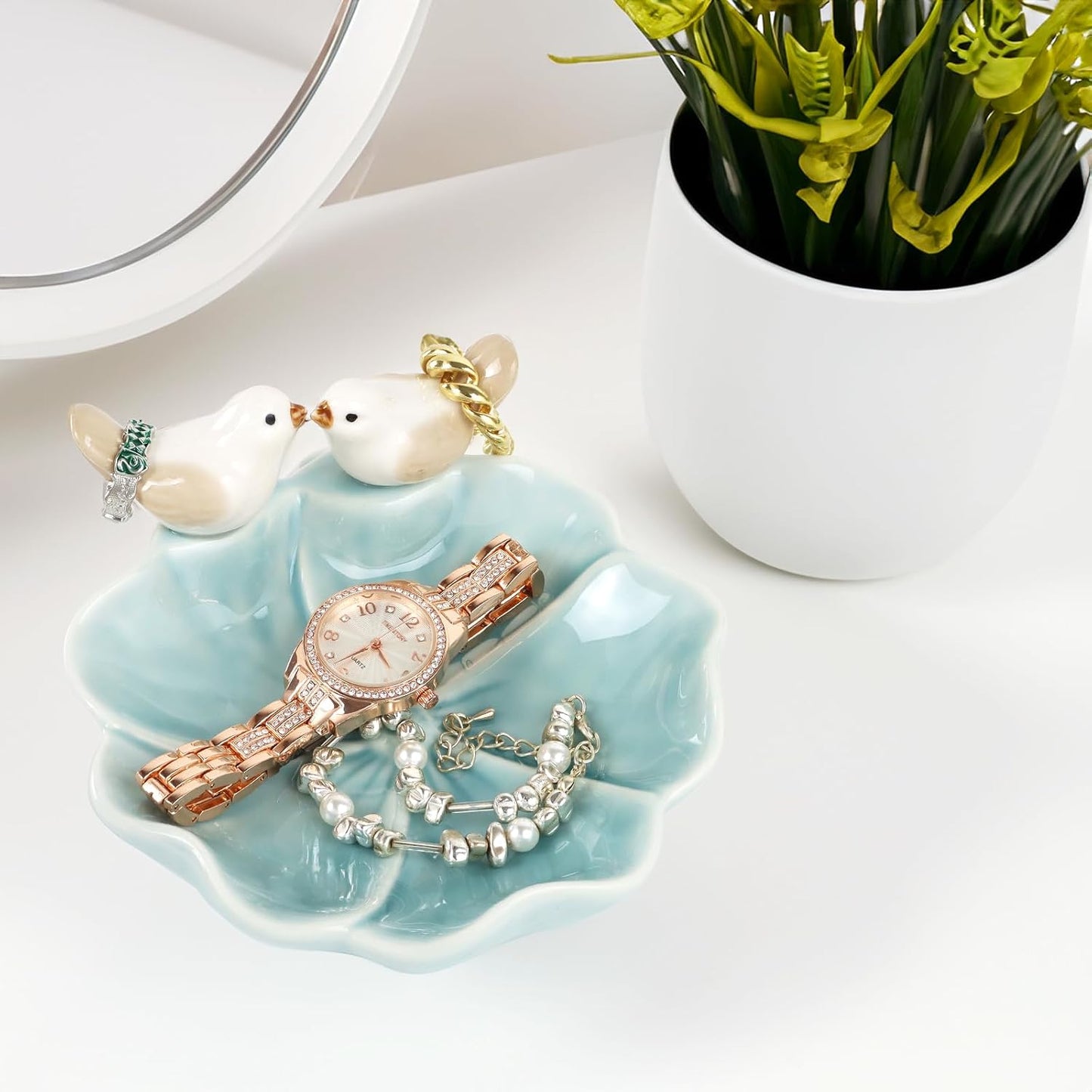 Ceramic Jewelry Tray Trinket Dish Decorative Bird & Lotus Leaf Ring Holder Dish Aesthetic / Blue