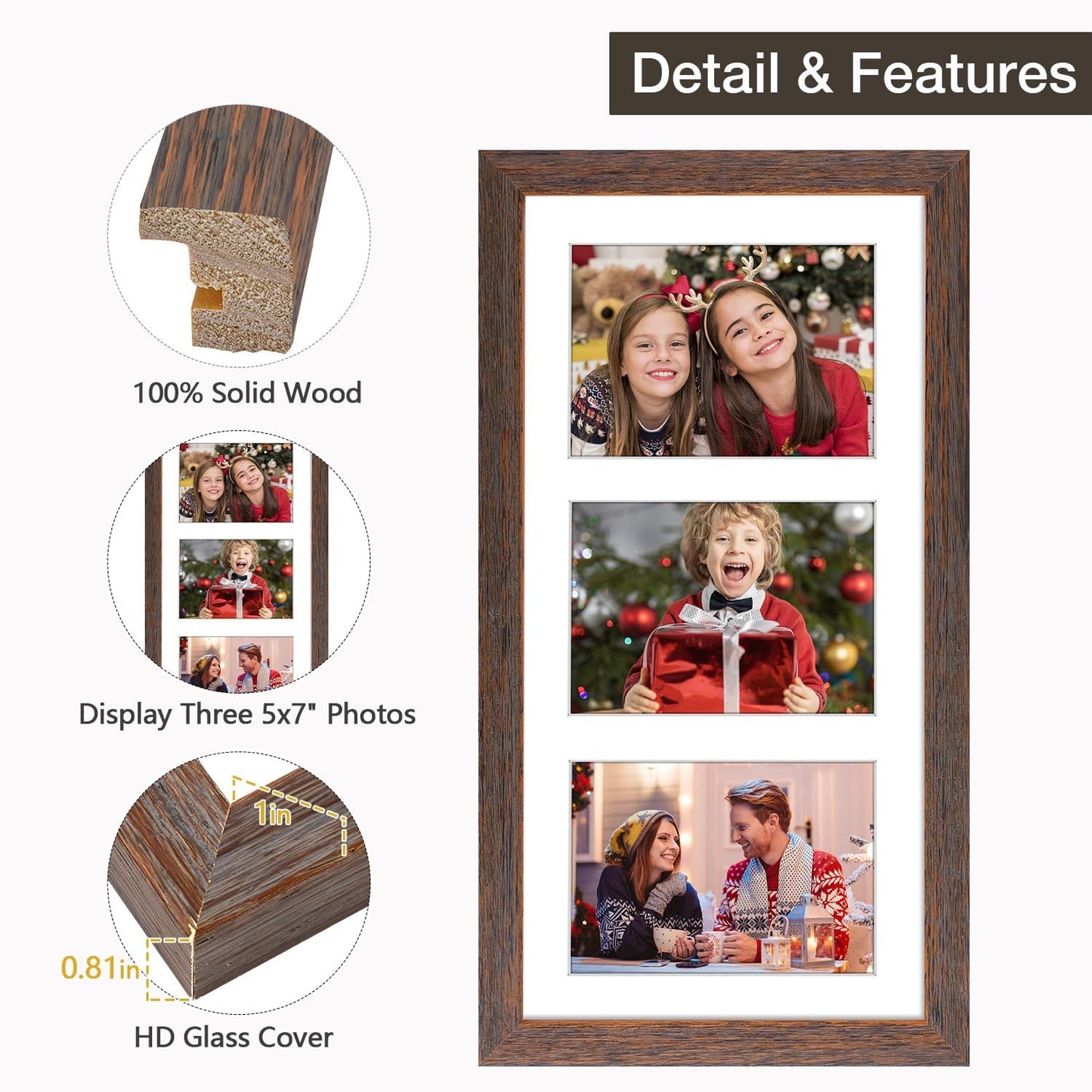Golden State Art 9x18 Distressed Brown Wood Frame for Three 5x7 Pictures | 1 Pack,Matted to 3 5x7 Picture,Solid Wood
