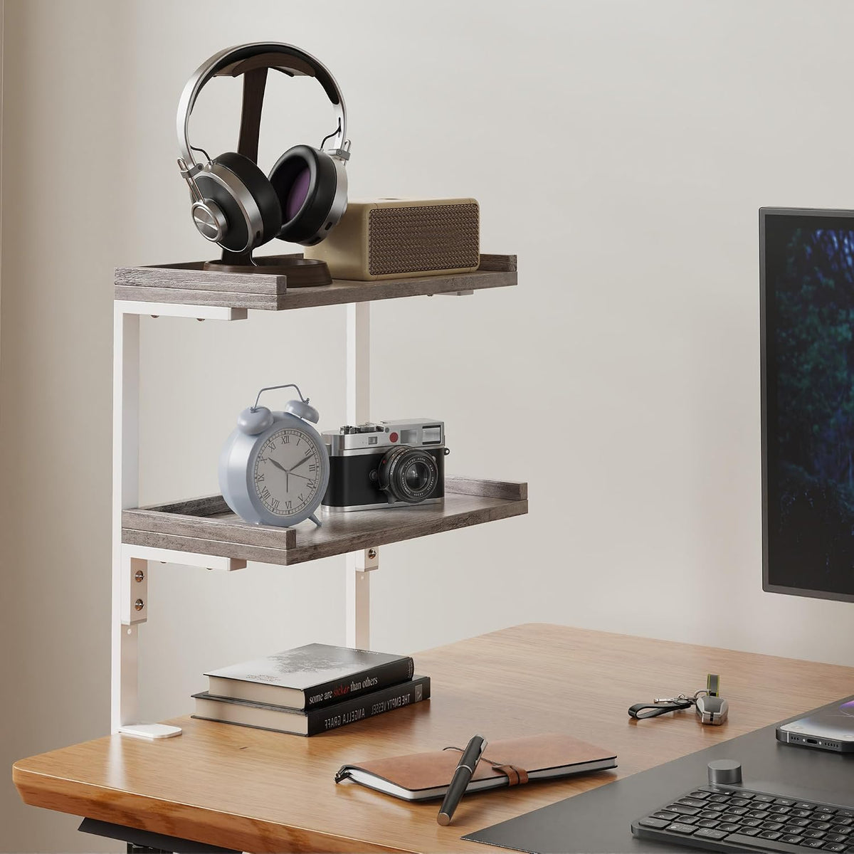 Clamp On Desk Shelf 2-Tier, Wood Shelving Unit for Office Desk/Gaming Accessories, Tabletop Book Storage Rack, Shelf