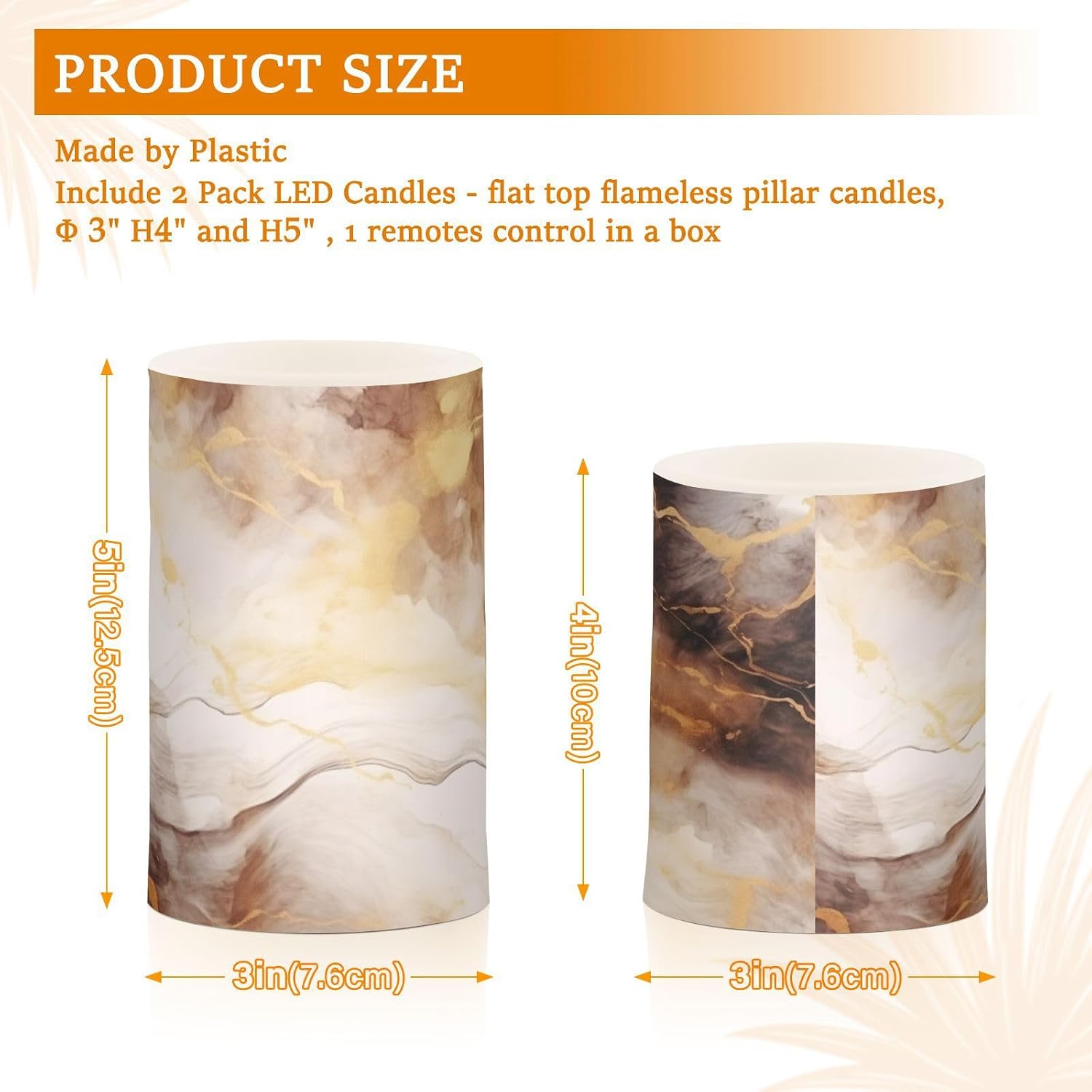 Flickering Flameless Candles, Brown White Marble LED Candles with Remote Timer, Set of 2 Battery Operated Candle for