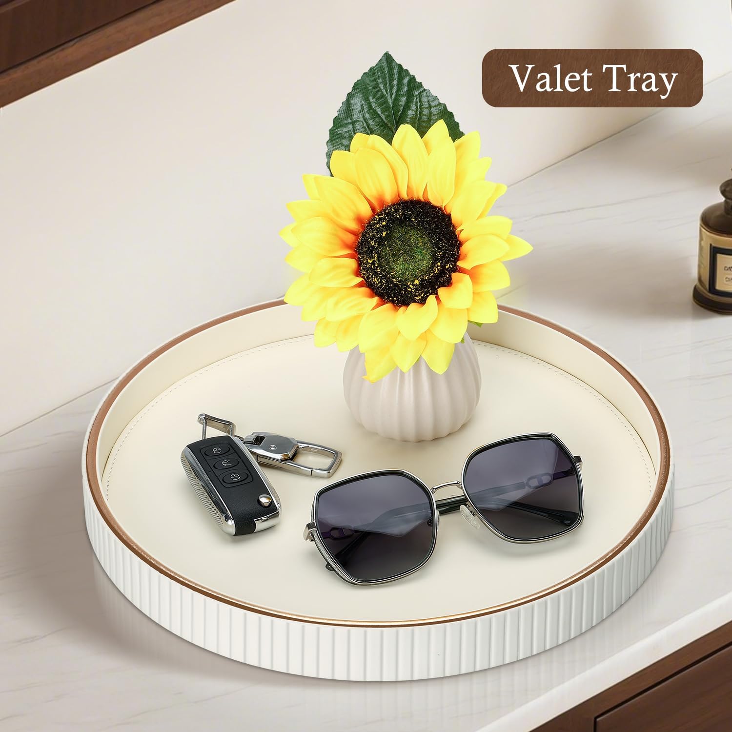 PU Leather Compact Table Tray / Cream White