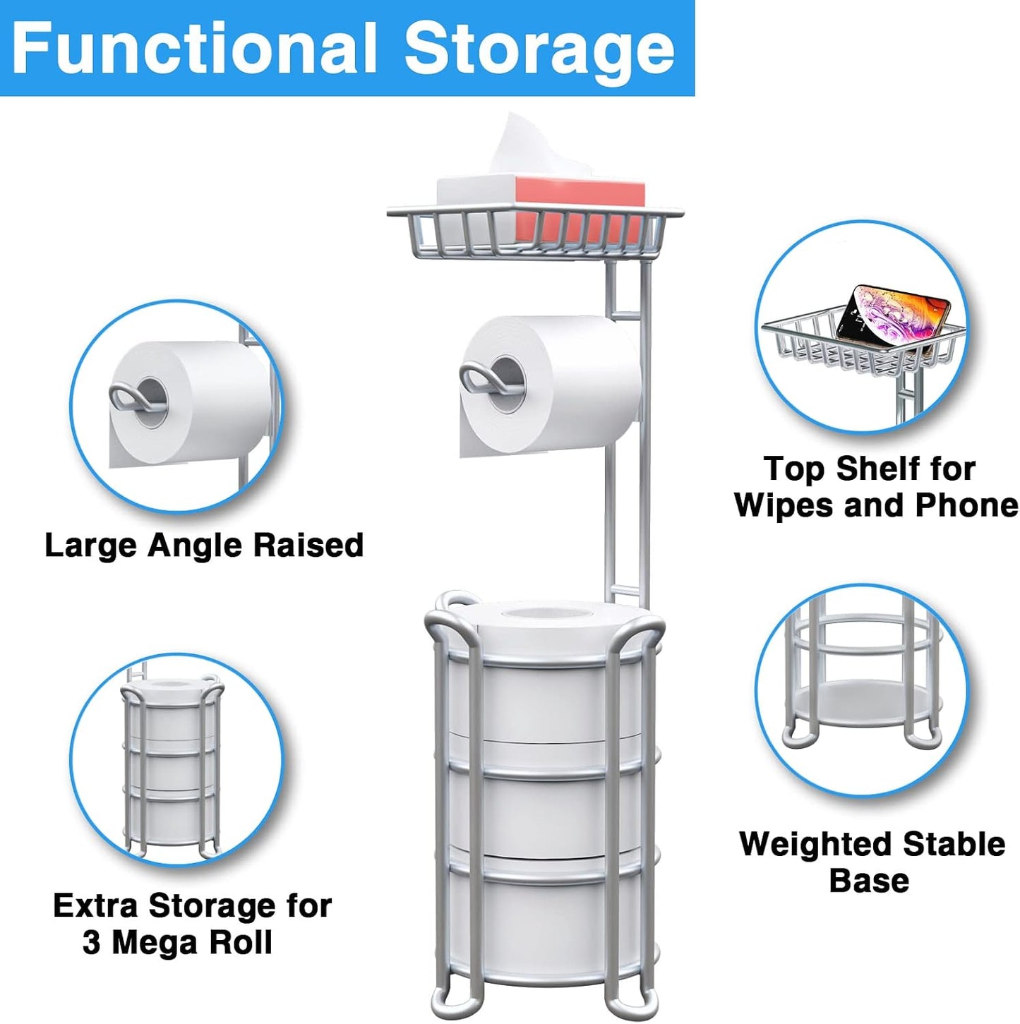 Toilet Paper Holder Stand with Shelf for Phone, Free Standing Tissue Roll Storage and Dispenser Rack for 4 Mega Rolls