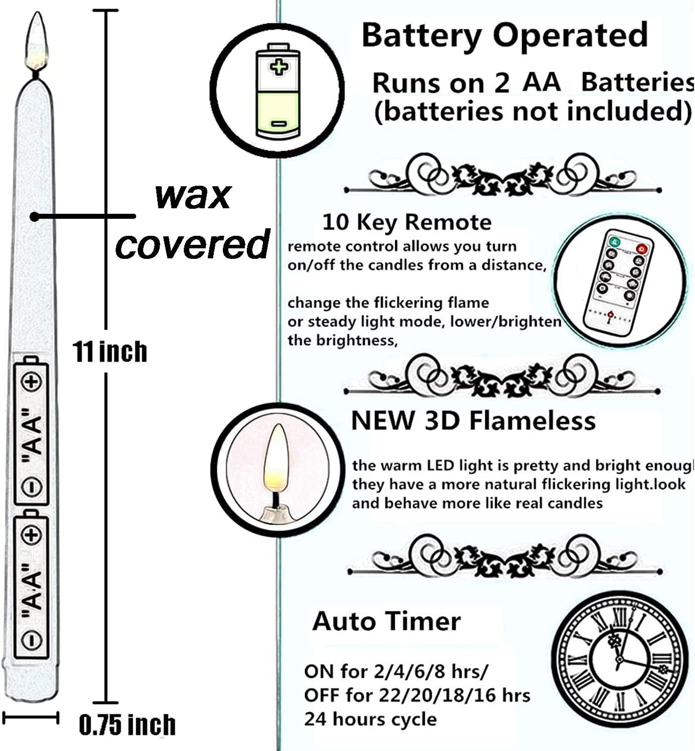 NONNO & ZGF 10 Pack Black 11'' LED Wax Covered Taper Candles with 2 Remote Control, Flameless Battery Operated Decor