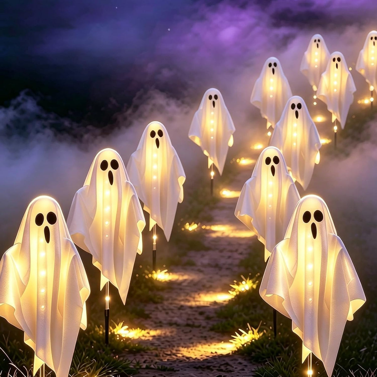 3-Pack & Solar Powered Ghost Halloween Decorations Outdoor, Auto On/Off
