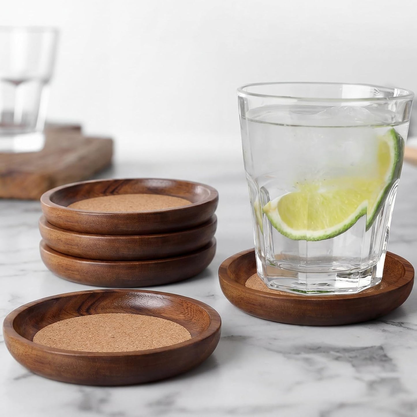Acacia Wood Cork Coasters for Drinks Stackable Wooden Coasters Absorbent / 4 Inch / Set of 6