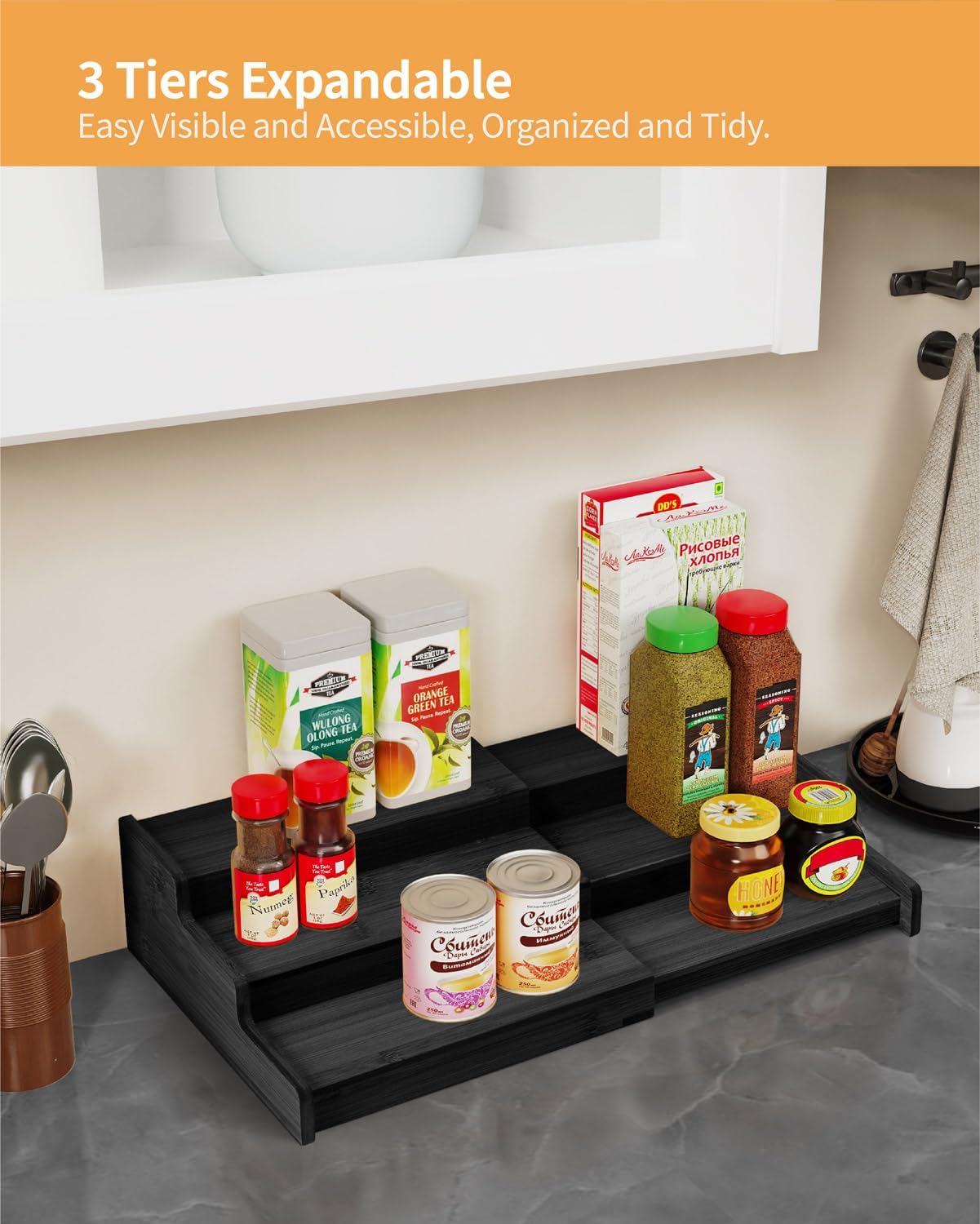 Spice Rack 3-Tier Natural Bamboo, Adjustable Cabinet Organizer Shelf | Expands 8.7-15.6"cabinets. Stepped design