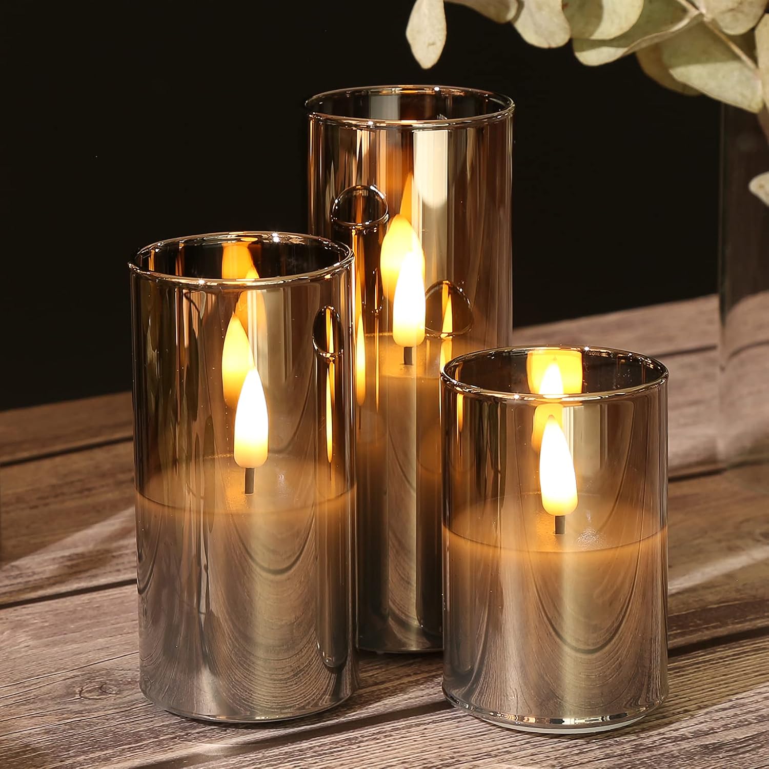 Grey Glass Flameless Pillar Candles with Remote Batteries Set of 5 | Flickering Tall LED Candles, Batteries Included