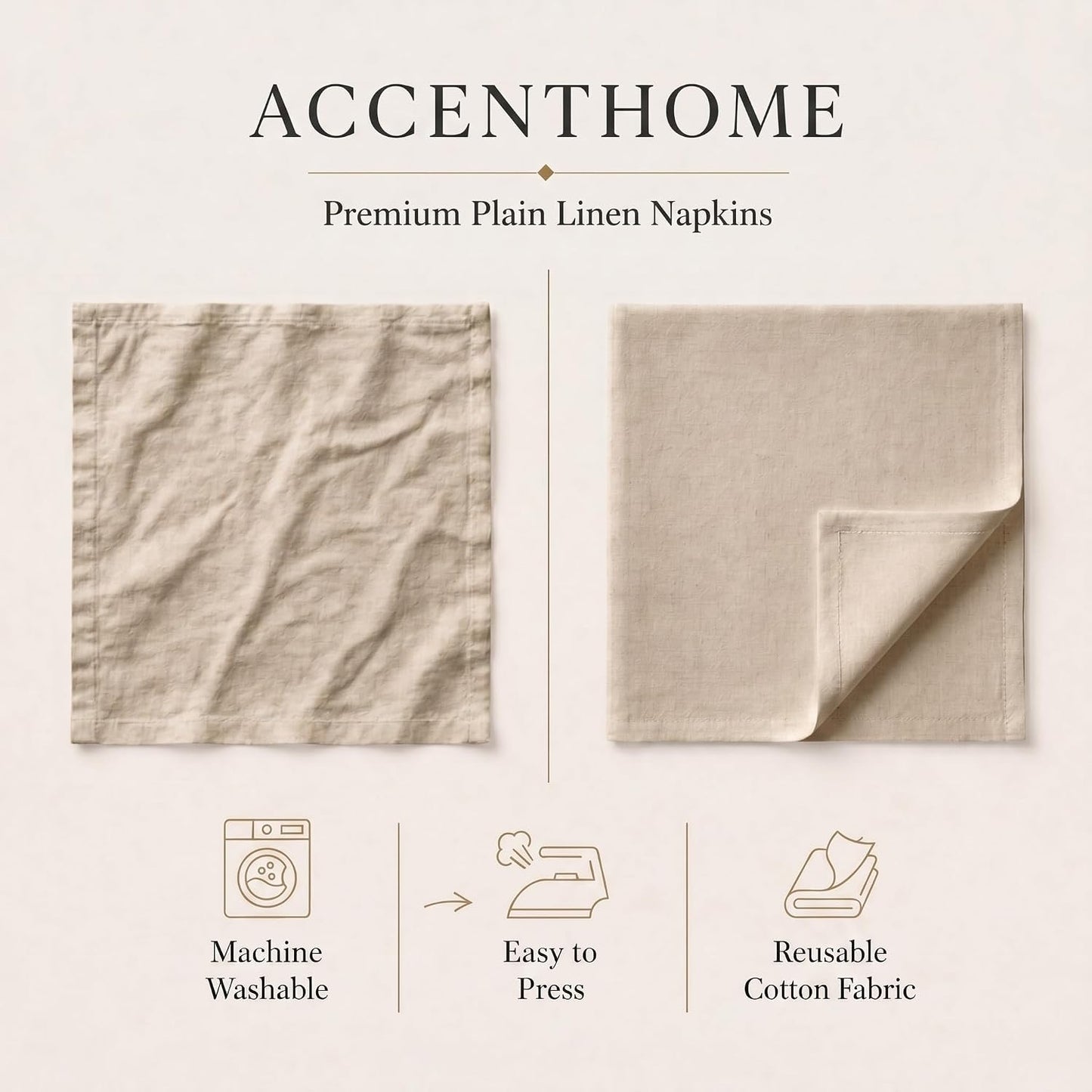 ACCENTHOME Natural Cotton Linen Napkin Set of 12 18x18 inch Dinner Napkins | Cotton Linen Blend Napkins, Machine Wash