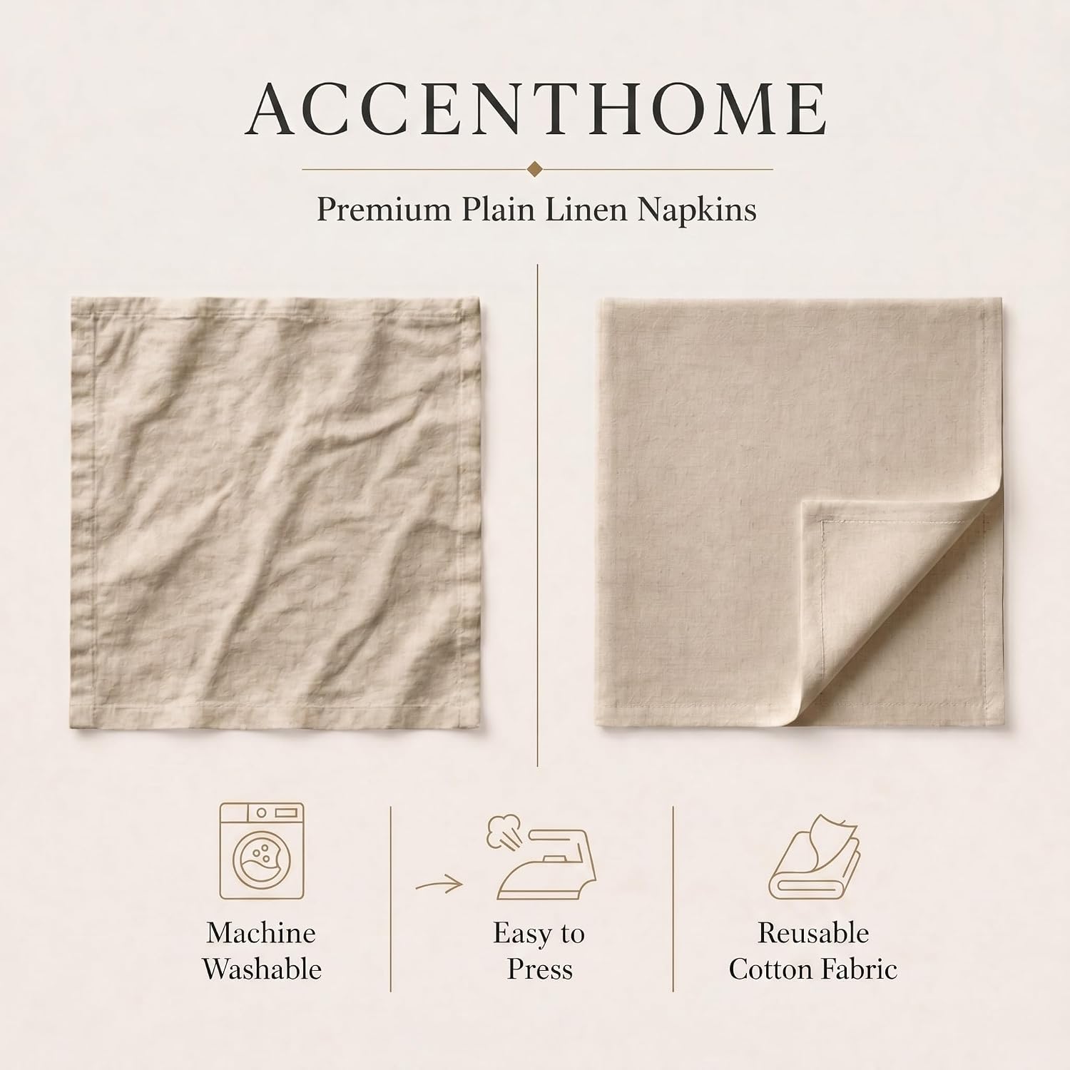 ACCENTHOME Natural Cotton Linen Napkin Set of 12 18x18 inch Dinner Napkins | Cotton Linen Blend Napkins, Machine Wash