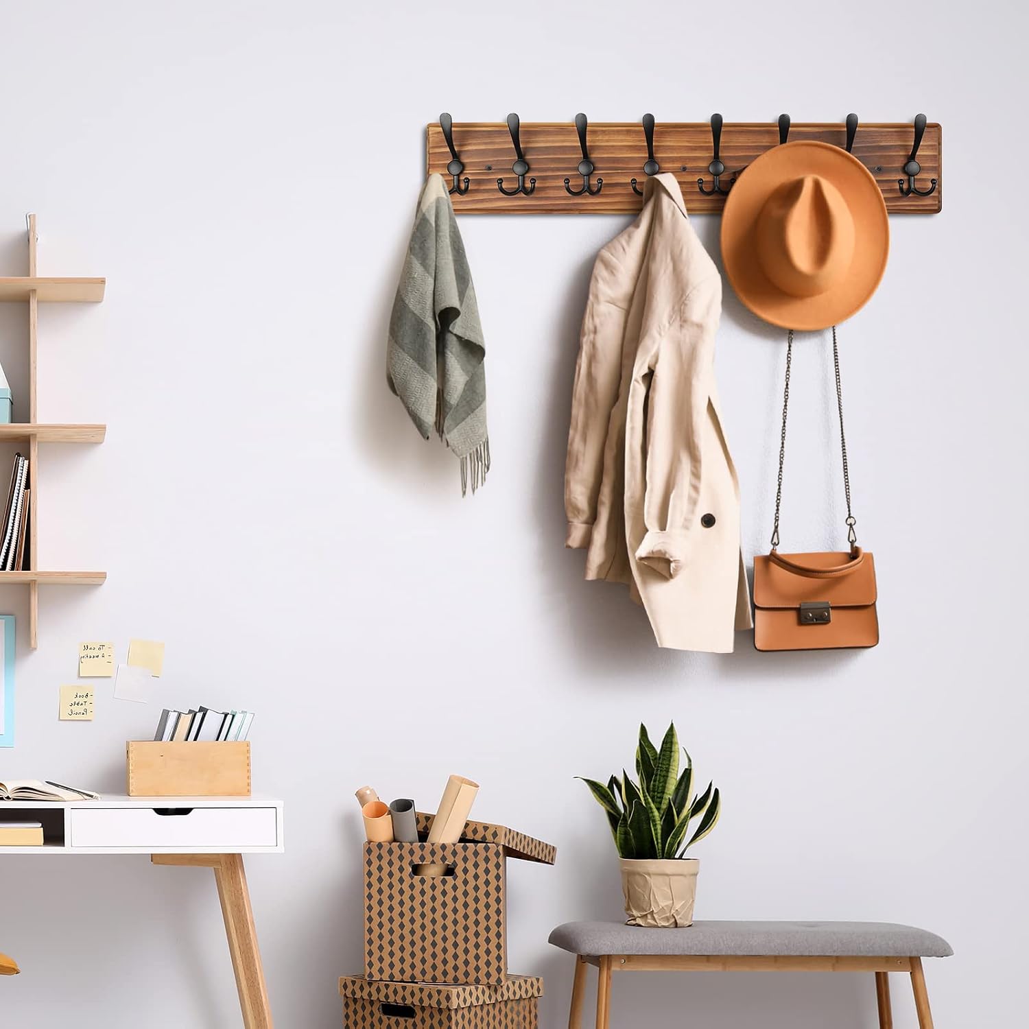 Coat Rack Wall Mount, Wooden Heavy Duty Coat Rack for Wall,8 Triple Coat Hanger Hooks for Hanging
