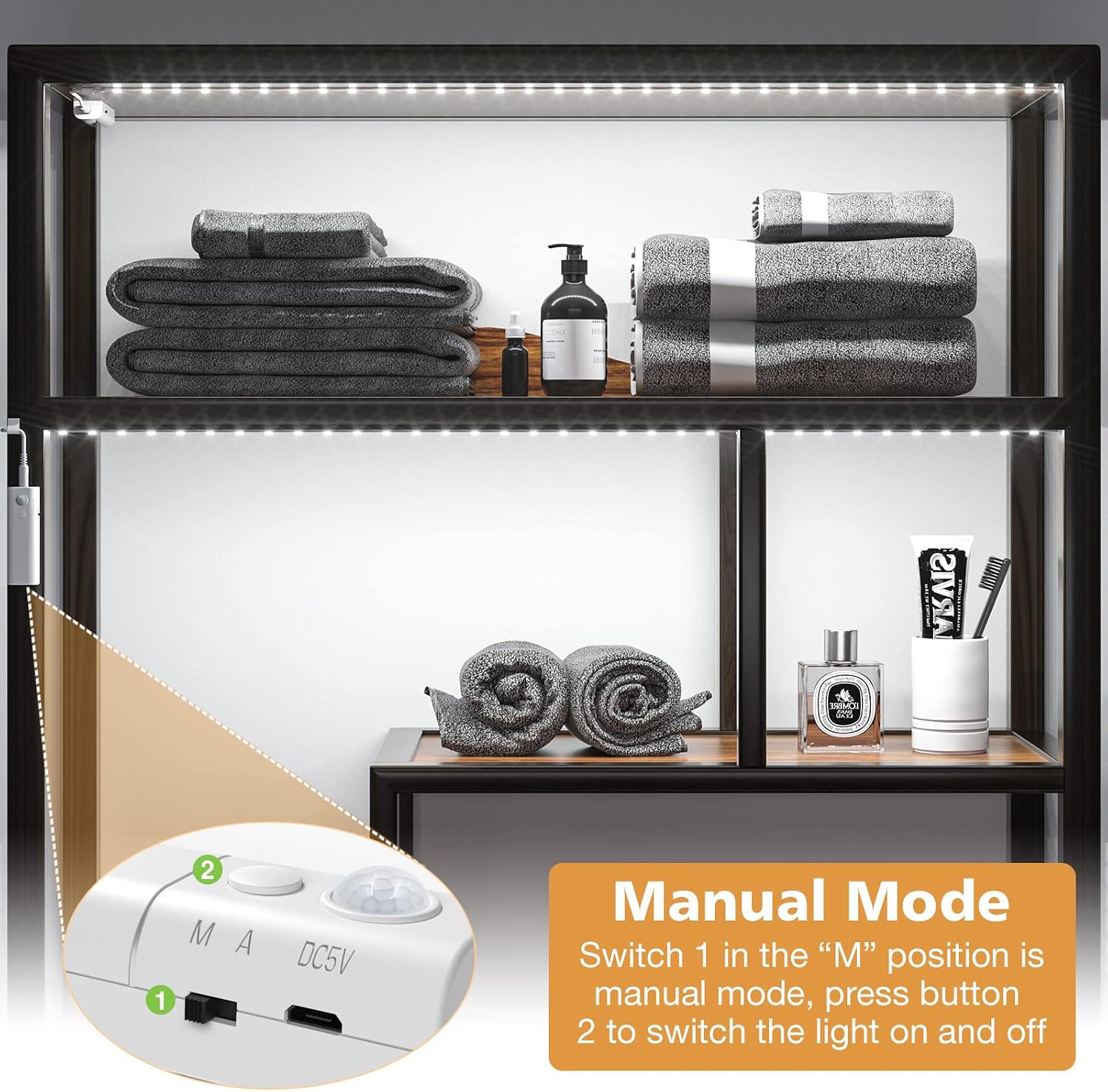 WOBANE Motion Sensor Stair Strip Lights,Rechargeable LED Closet Light,White | 2 X6.56ft Battery Powered Cordless LED