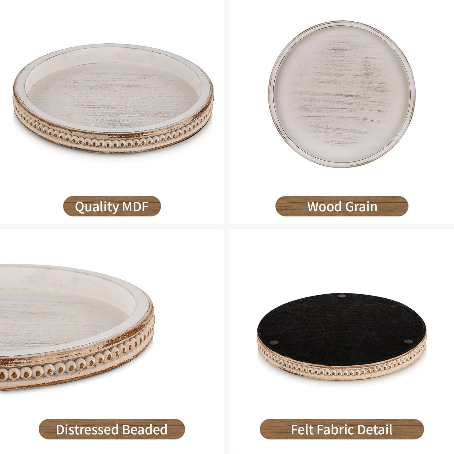 10.5- Round Whitewashed Wood Tray for Rustic Farmhouse Living Room Kitchen / 11.8 / White Washed