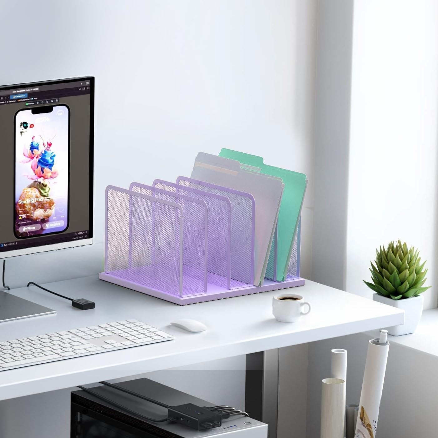 Kuntine.B 5-Section Upright Desk File Organizer Purple 1 Pack | Vertical, Mesh, Metal, Assembly, Stability, Sturdiness