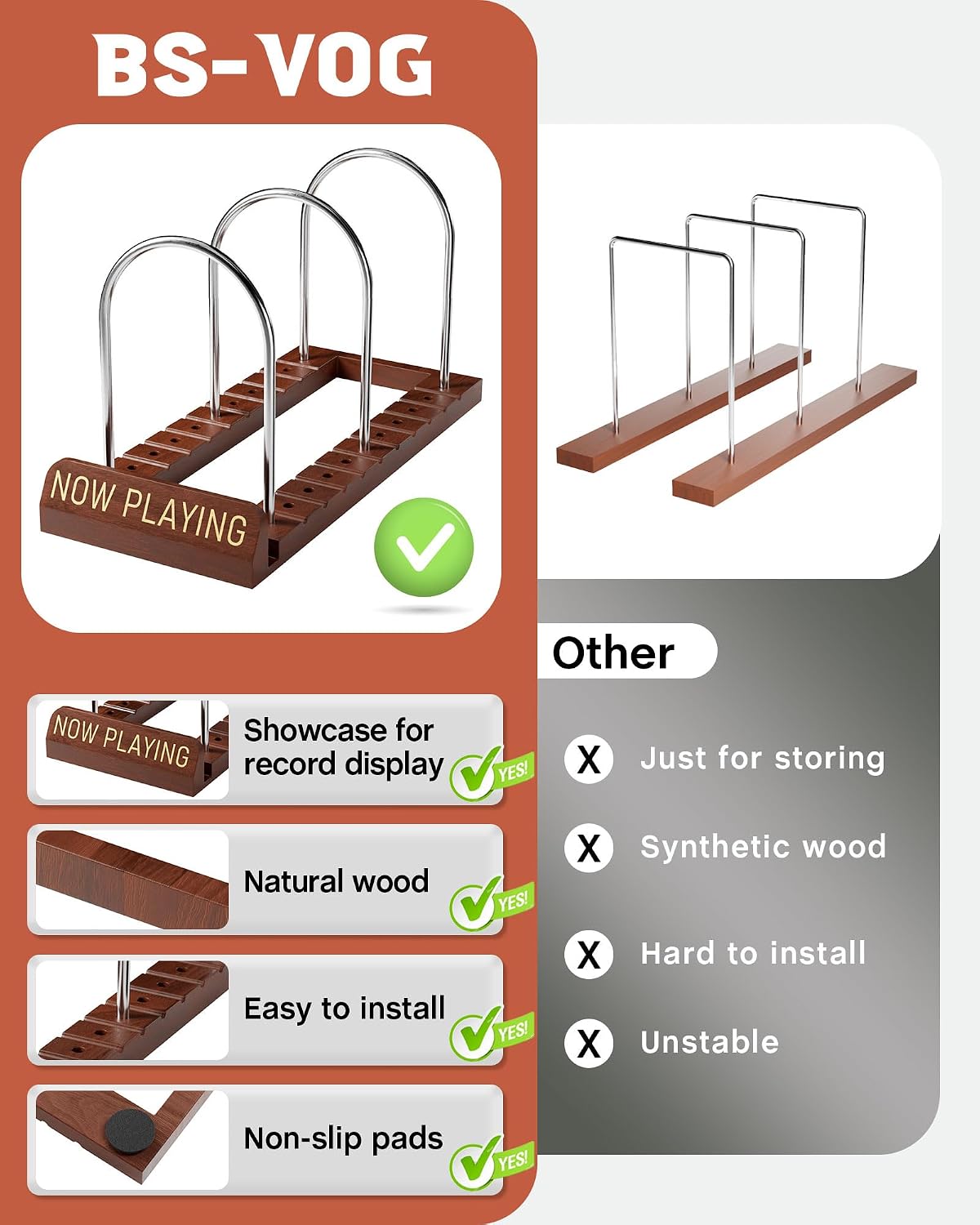 BS-VOG Now Playing Vinyl Record Holder Storage Fits 50 LPs, Gift Package | Display Your Now Playing Record, Assembles