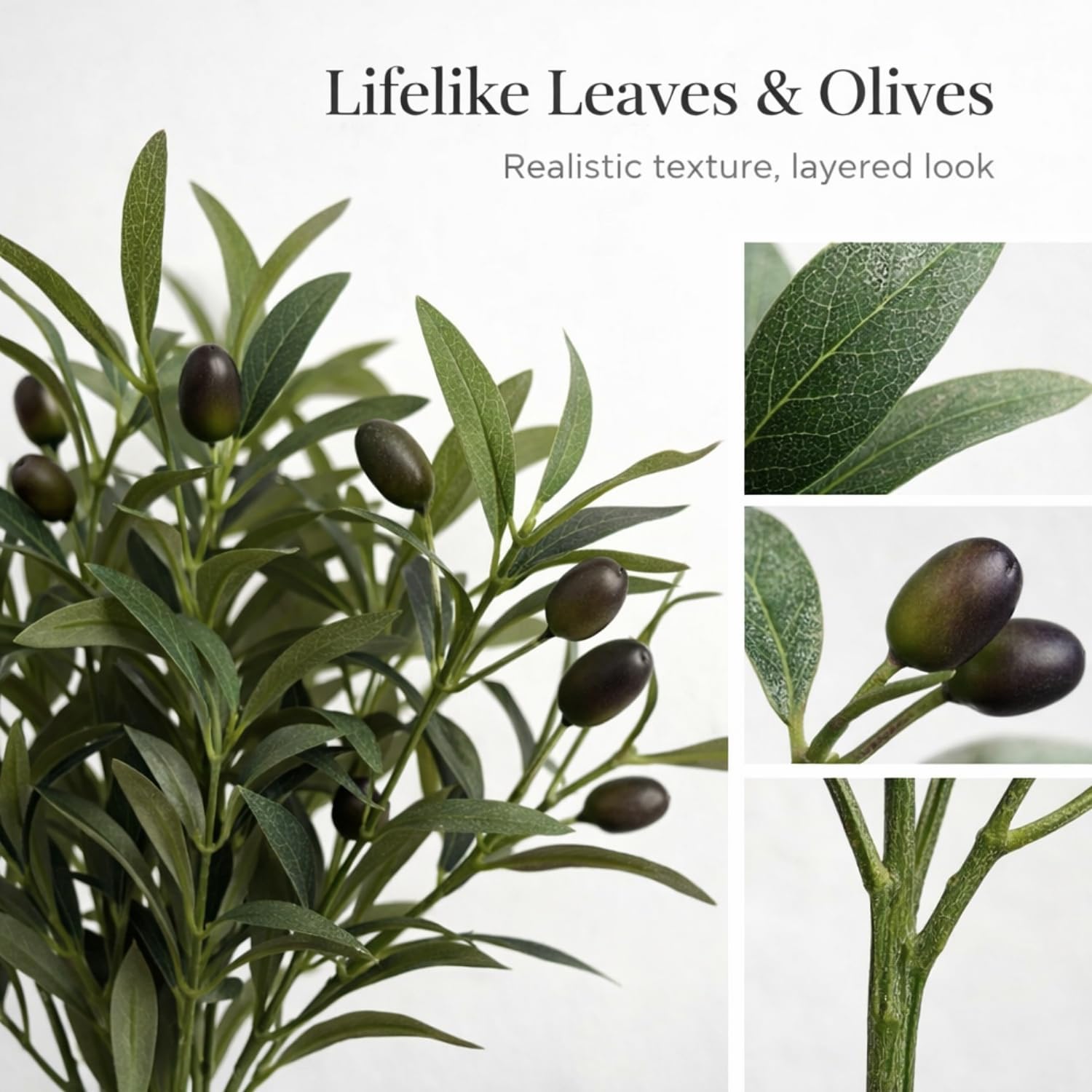 Matte Ceramic Vase 5.7 / Artificial Olive Branches and Berries with Vase / White / Set of 4