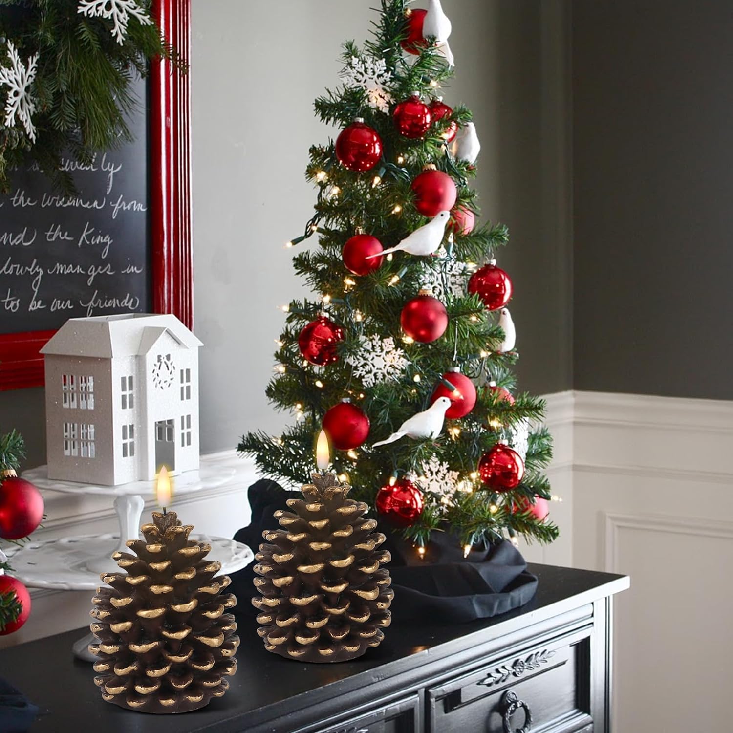 Wondise Flameless Candles with Timer, Battery Operated Flickering 3D Wick Real Wax Pine Cone Candles for Christmas