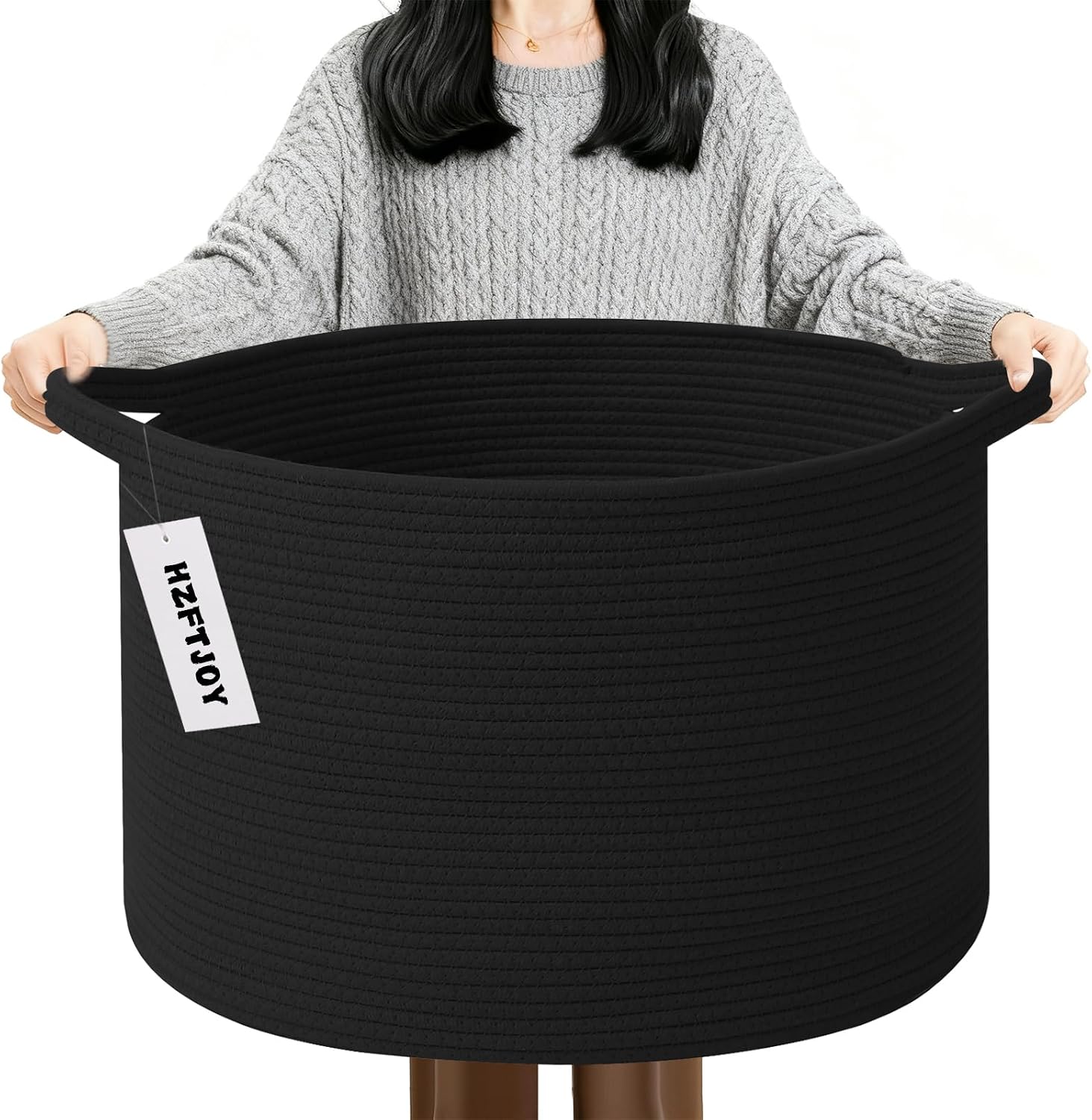90L Extra Large Blanket Basket,Woven Rope Laundry Basket-Black