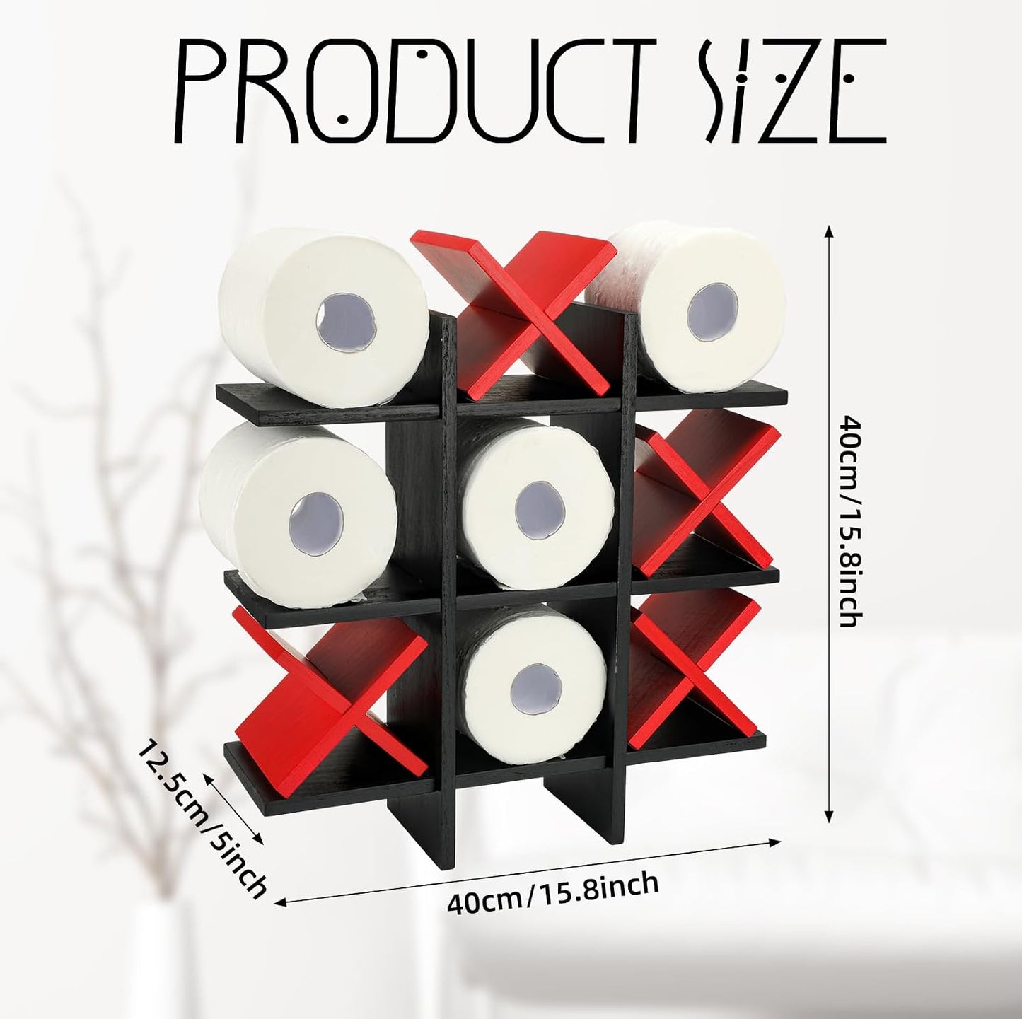 Weysat Tic Tac Toe Toilet Paper Holder,Black, Red | Farmhouse Bathroom Decor, Freestanding or Wall Mount Storage for