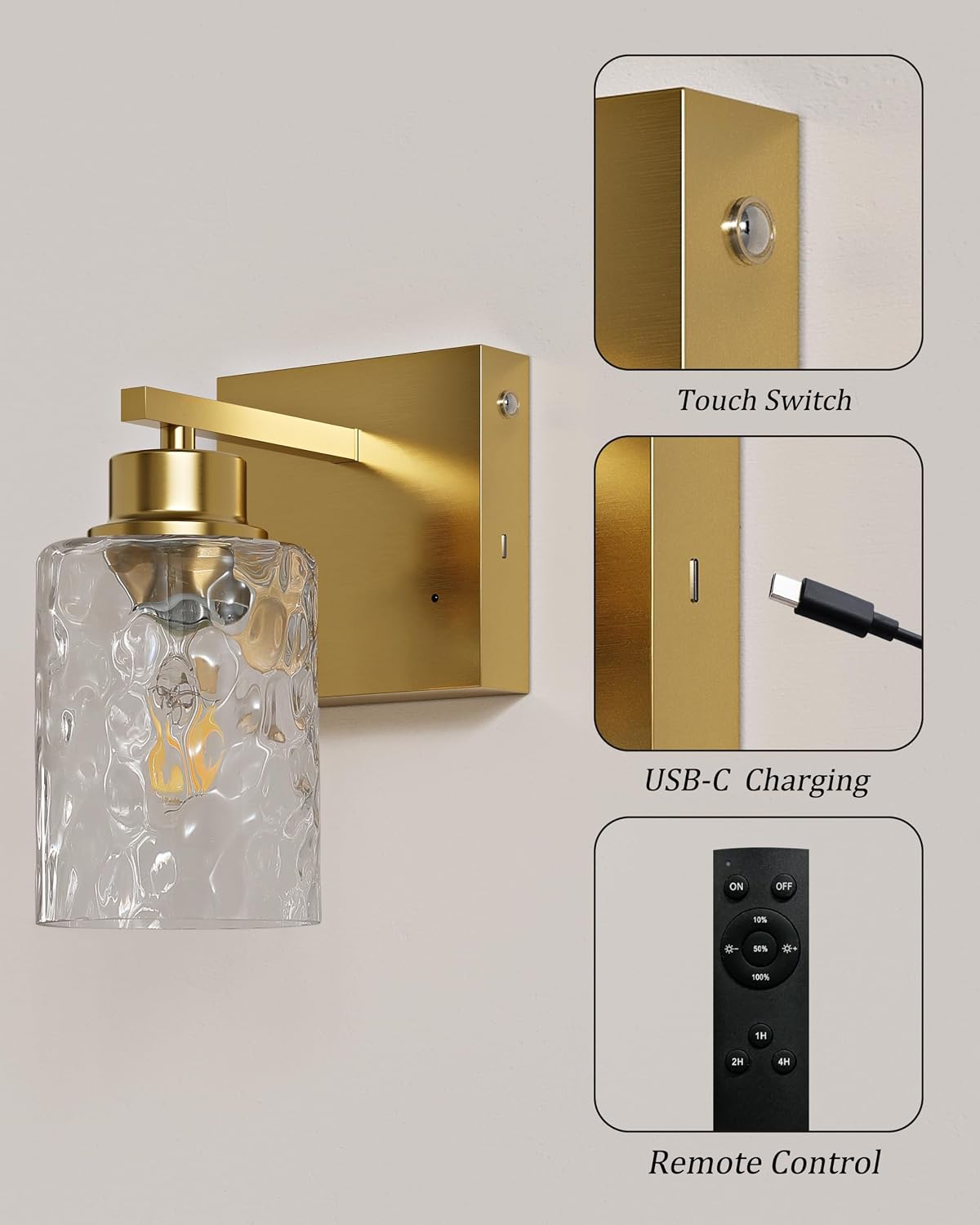 Hammered Glass Wireless Battery Operated Wall Sconces Set of Two Gold | Dimmable Rechargeable Wall Lights with Remote