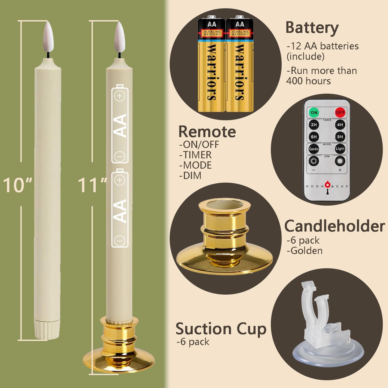 6 Pack Windows Candles with 12 AA Batteries(Include, Run More Than 400 Hours) + 6 Golden Removable Candlesticks + 6