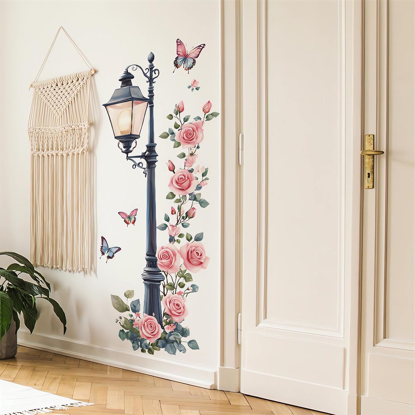 Vintage Street Lamp Rose Butterfly Wall Stickers / Pink
