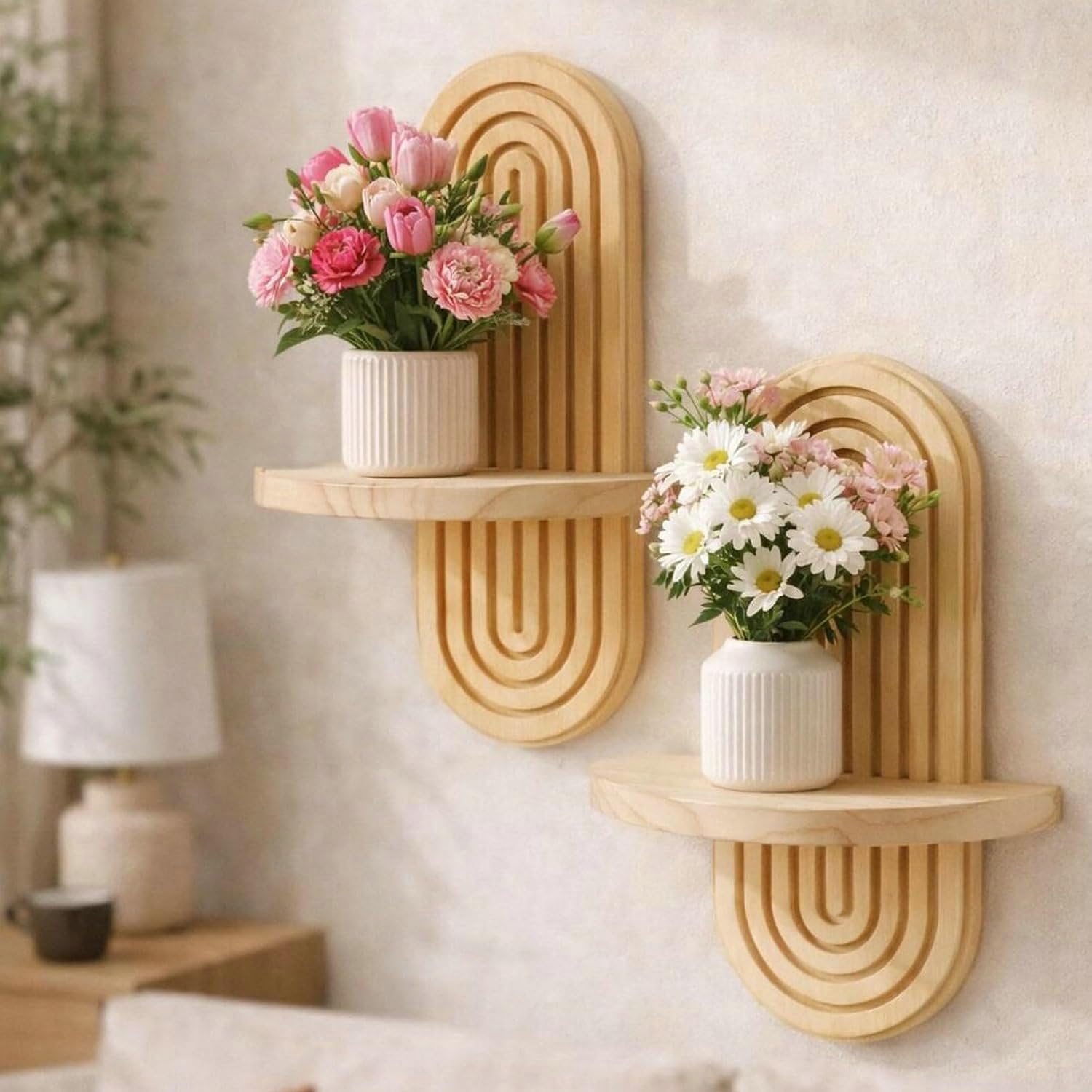 Wood Boho Arched Wall Shelf for Mini Plants & Decor / Natural / 11.8 x 7.8 / Set of 2