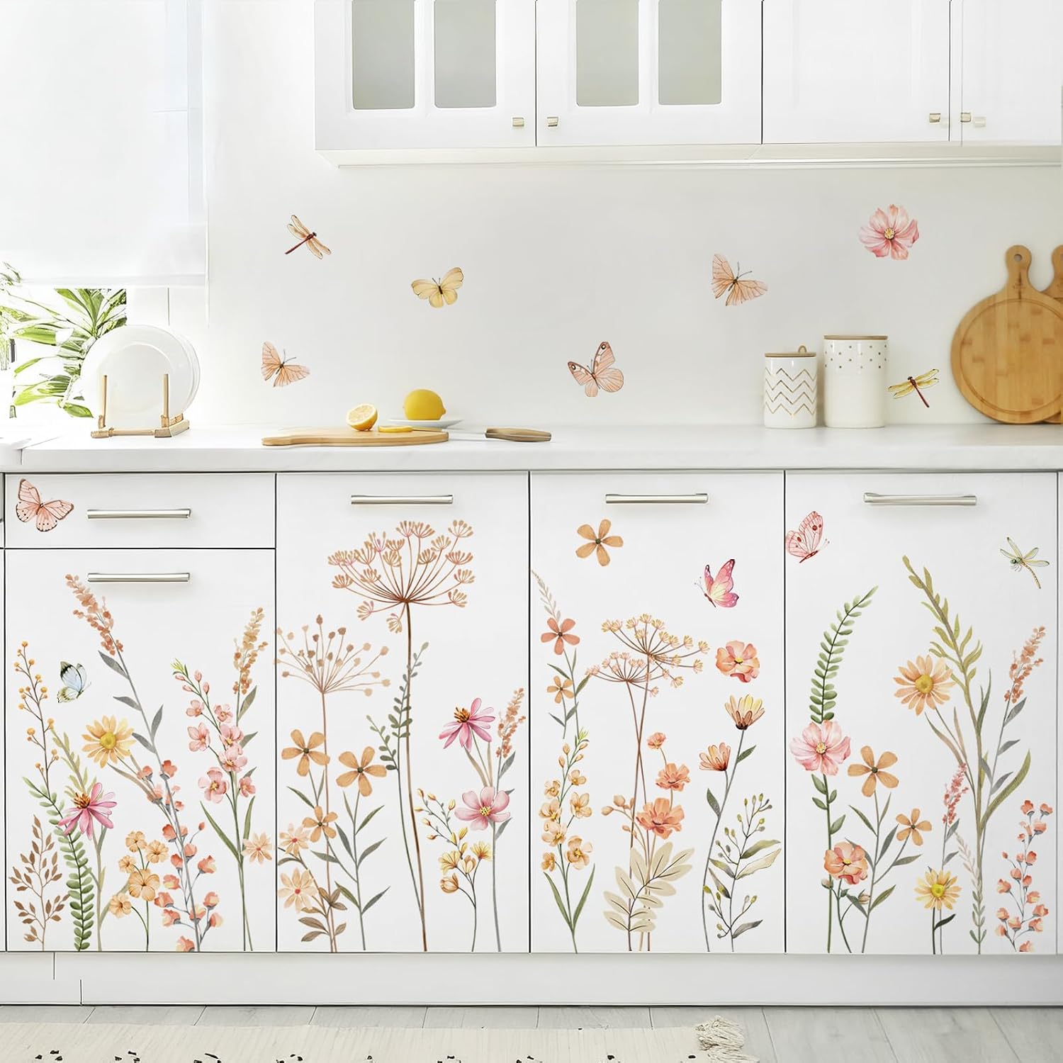 Boho Flower Wall Decals Bohemian Wildflower Grass Wall Stickers Peel and Stick Vinyl Decor for Girls