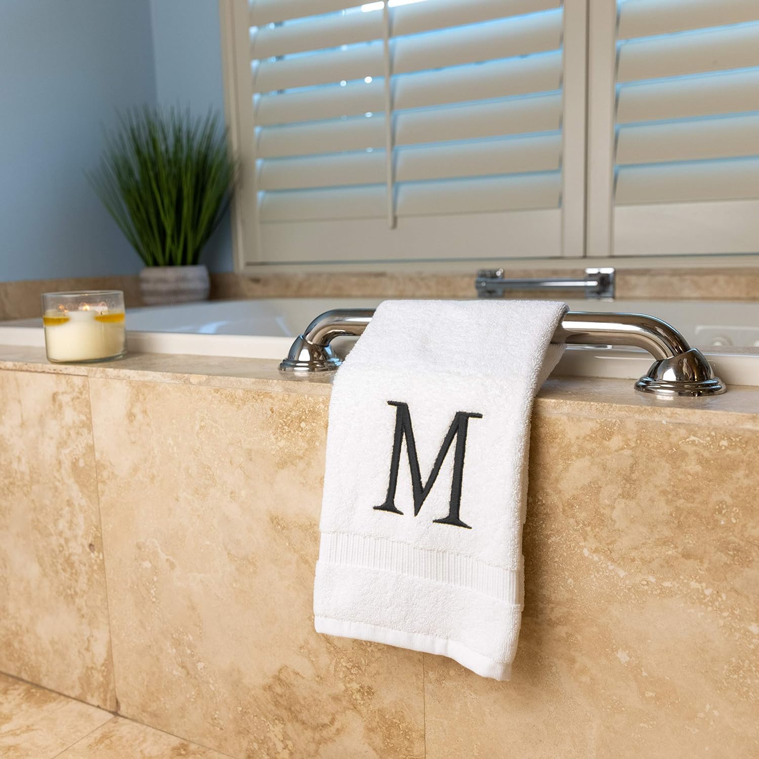 White with Dark Gray Monogrammed Hand Towels for Bathroom Set of 2 Letter M | Luxury Hotel Quality Initial Towels For