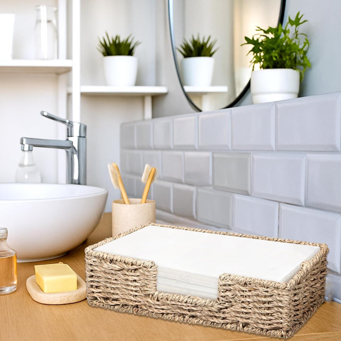 Napkin Holder Disposable Guest Towel Tray Long Seagrass Woven Rattan Wicker Holder Square Napkin
