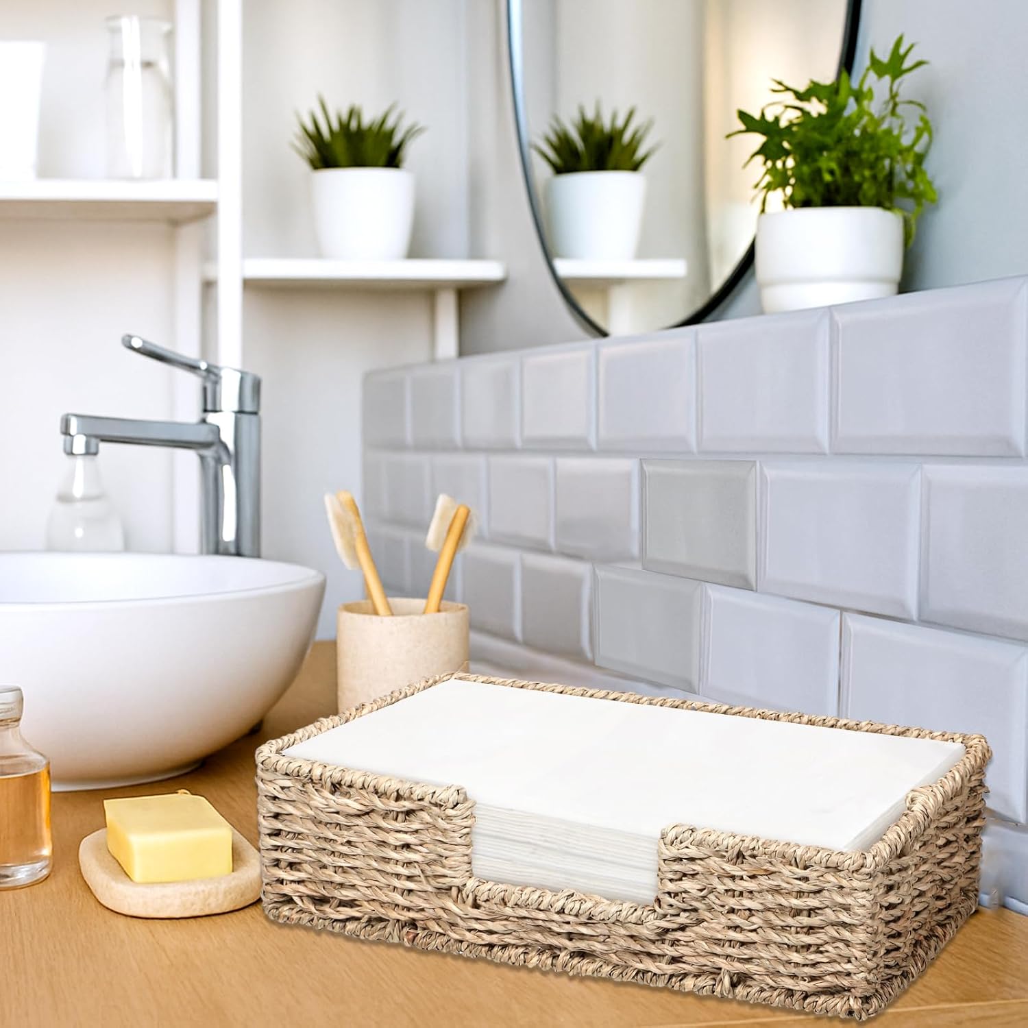 Napkin Holder Disposable Guest Towel Tray Long Seagrass Woven Rattan Wicker Holder Square Napkin