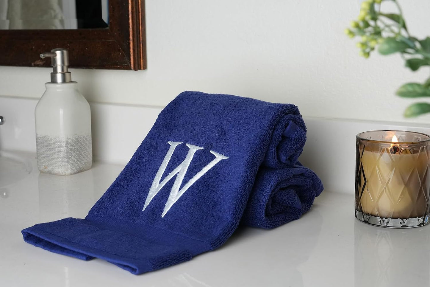 Navy with White Monogrammed Hand Towels for Bathroom - Set of 2 Letter W | Luxury Hotel Quality Initial Towels For