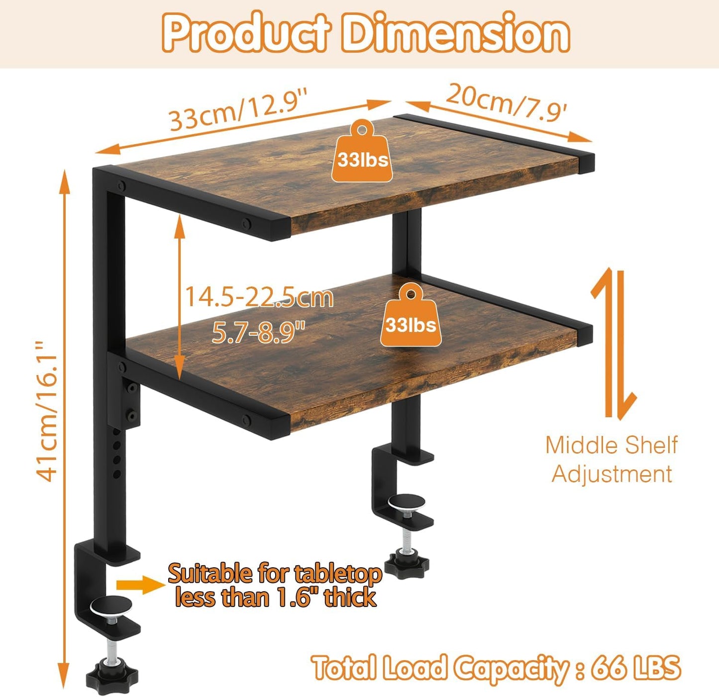 IBUYKE Clamp on Desk Organizer Shelf,Desk Extender Shelves UTMZ007H | 12.9 inches,2-Tier Adjustable Storage Shelves