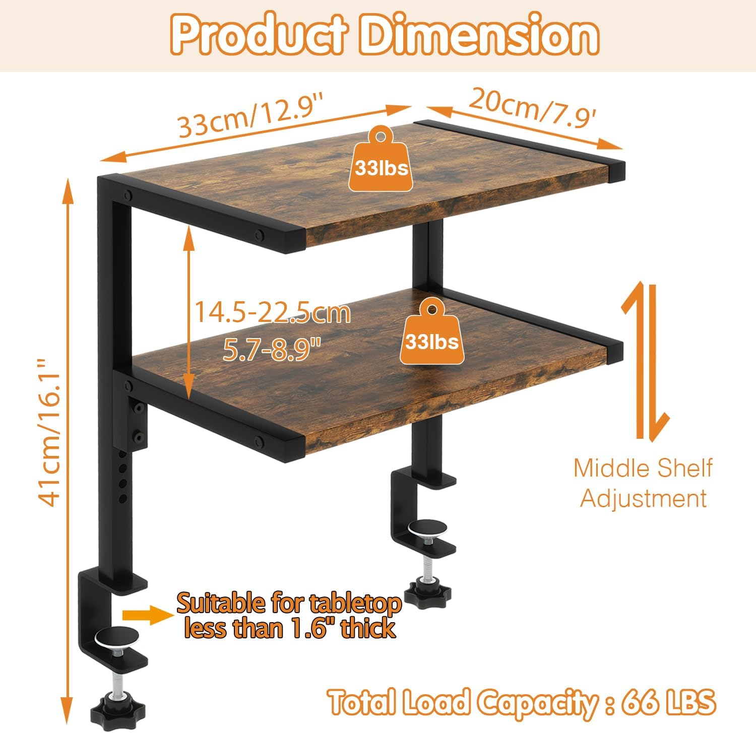 IBUYKE Clamp on Desk Organizer Shelf,Desk Extender Shelves UTMZ007H | 12.9 inches,2-Tier Adjustable Storage Shelves