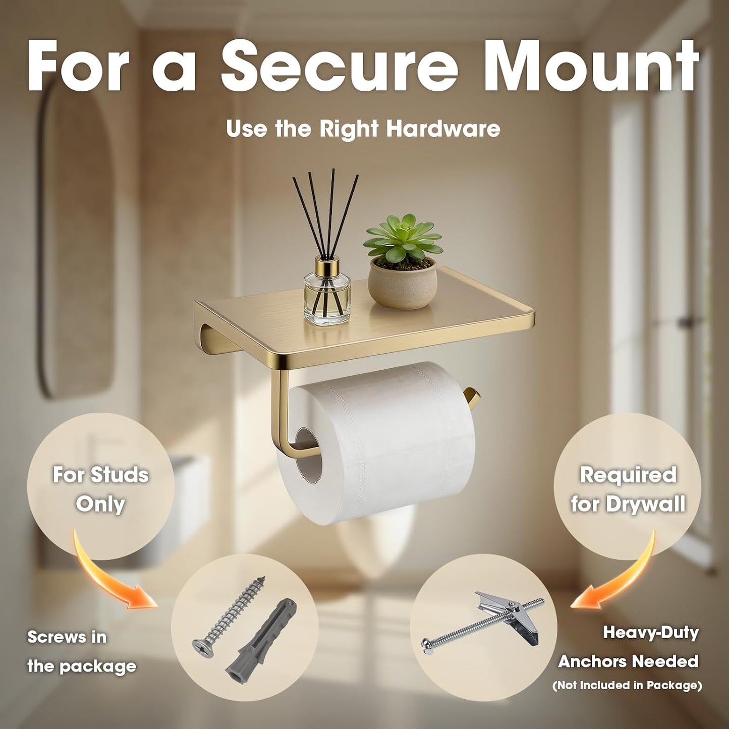 TRUSTMI Toilet Paper Holder with Phone Shelf, Zinc Alloy, Brushed Gold | Solid zinc alloy holder holds 15 lbs and fits