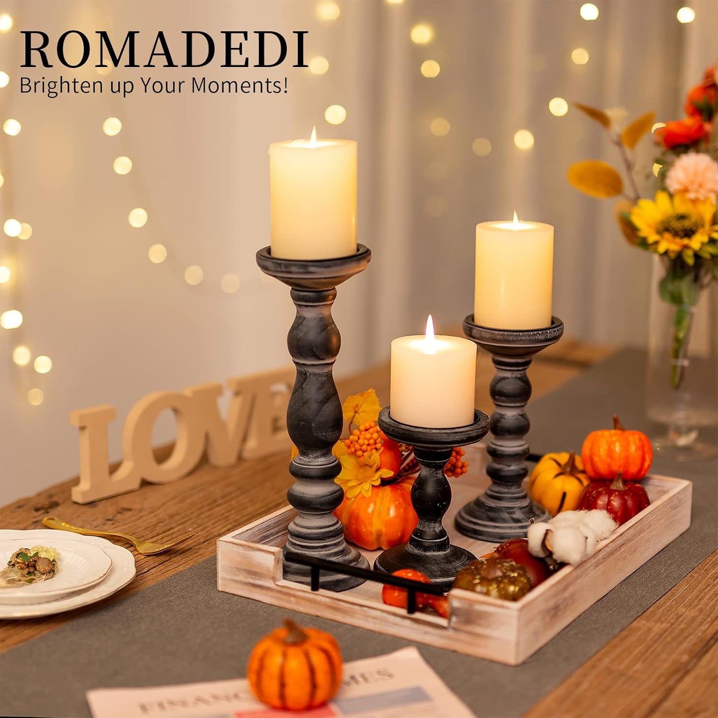 Romadedi Black and Gray Distressed Wood Pillar Candle Holders, Set of 3 | Rustic Farmhouse Wood Candle Set for Mantel