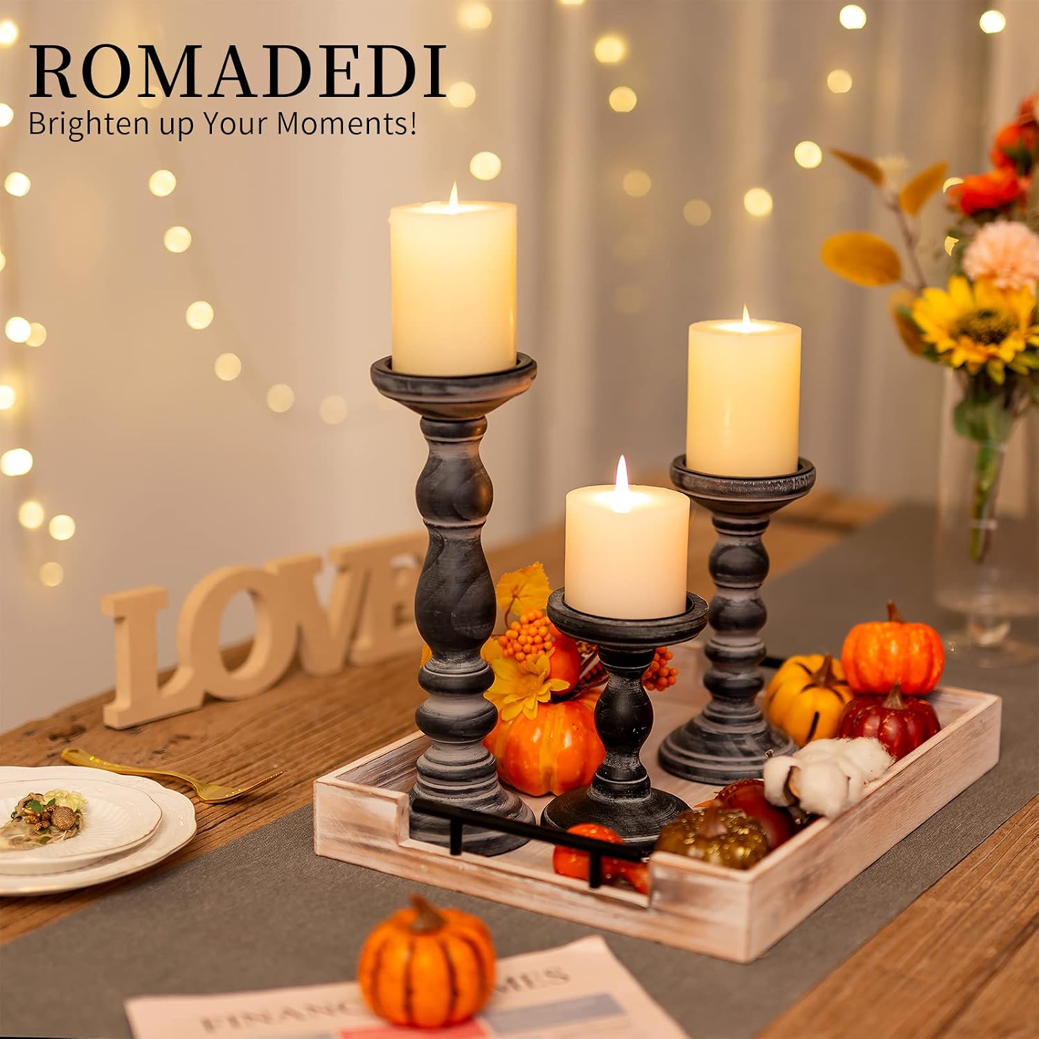 Romadedi Black and Gray Distressed Wood Pillar Candle Holders, Set of 3 | Rustic Farmhouse Wood Candle Set for Mantel