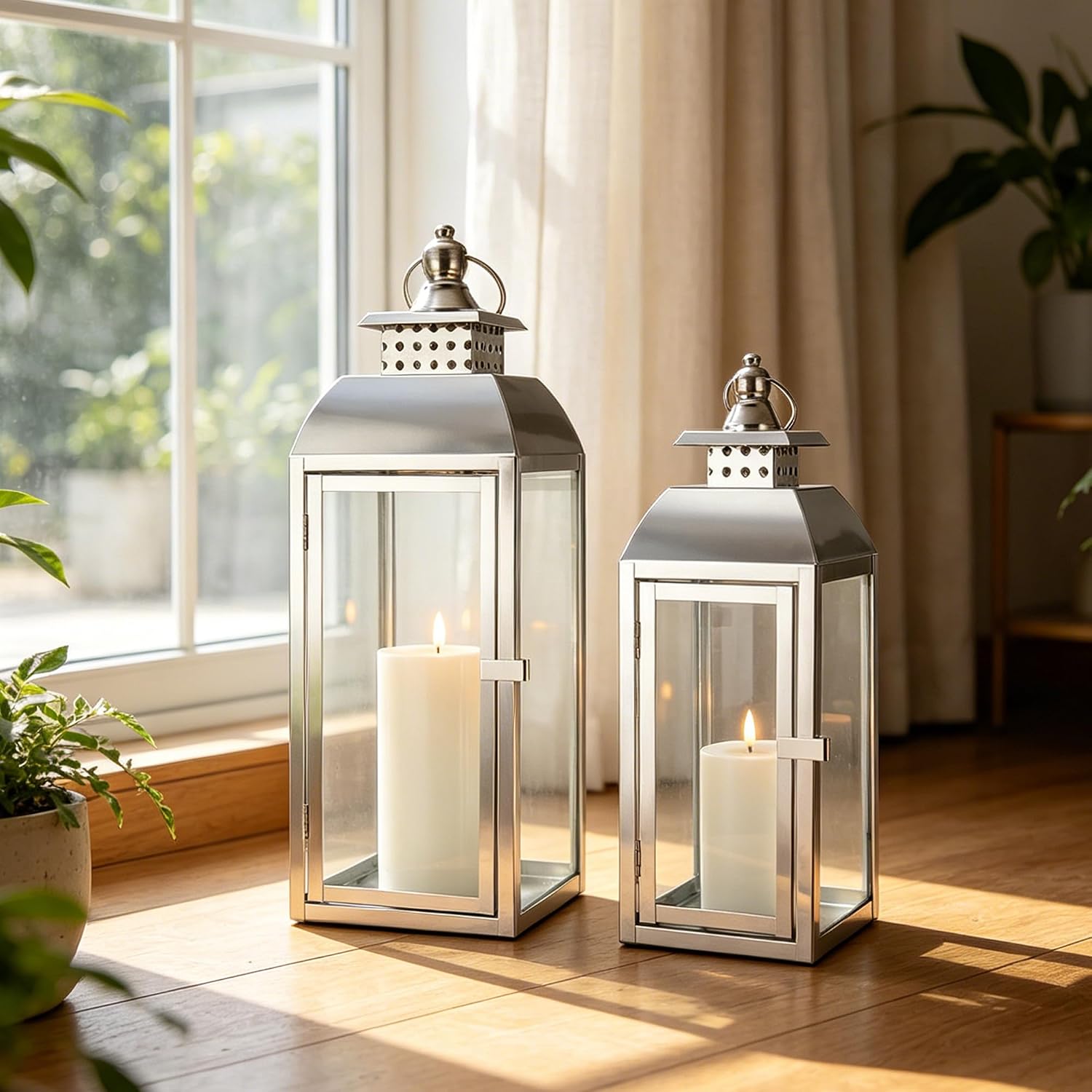 JHY DESIGN Set of 2 Stainless Steel Decorative Candle Lanterns 20.5"&15" High Metal Candle Lanterns for Indoor Outdoor