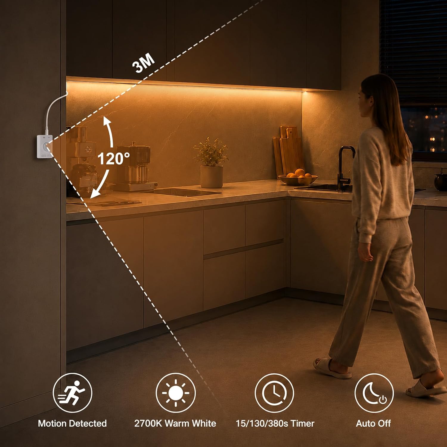 LUXJET Rechargeable LED Strip with Motion Sensor (2Pack-3.3FT, Warm White) | Motion Activated, 1500mAh Battery