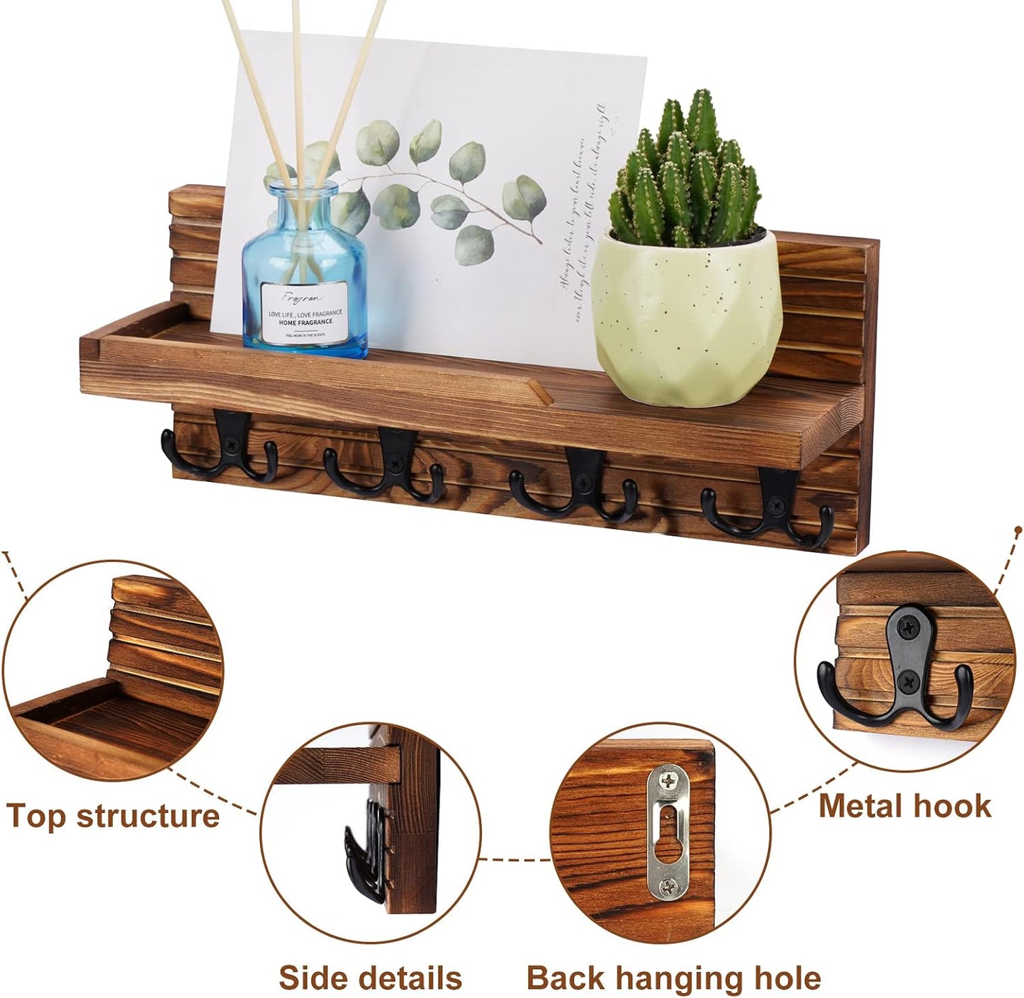 Easy Install Natural Wooden Key and Mail Holder / Brown