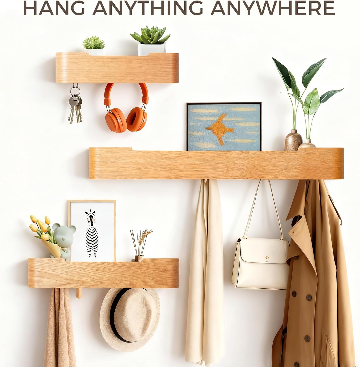 Shelf Entryway Shelf Modern Key Holder Hanger Wall Shelves / Oak / 5 Hooks