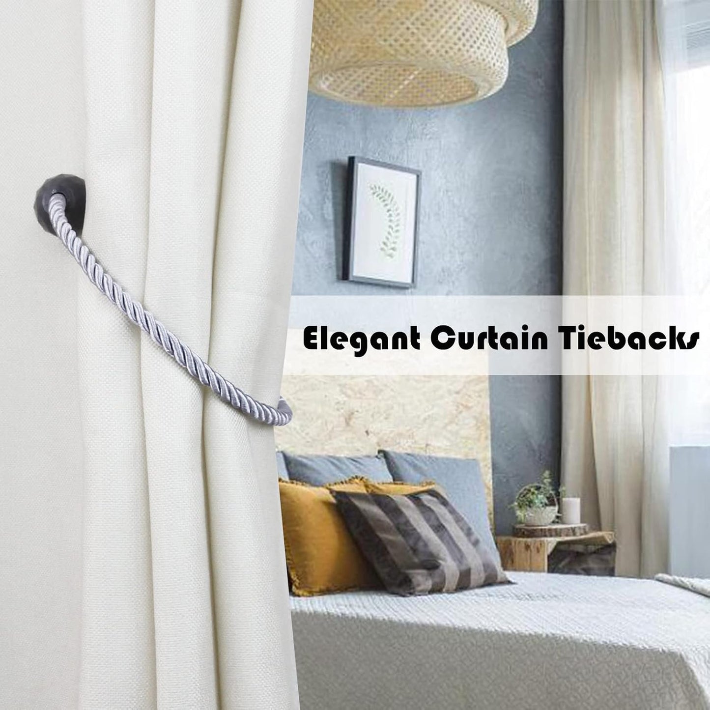 Strong Magnetic Curtain Tiebacks Decorative Rope Tie Backs Holdbacks Porlau | 6 Pack Grey Outdoor Curtain Rope Tiebacks