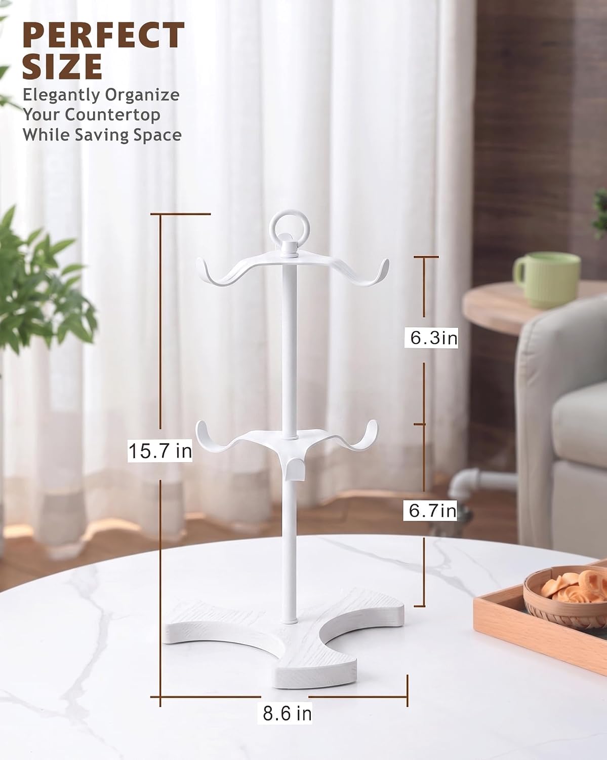 2-Tier White Coffee Mug Holder for Countertop, Mug Tree with 6 Spaced Hooks for Large Mugs, Metal Coffee Cup Rack with