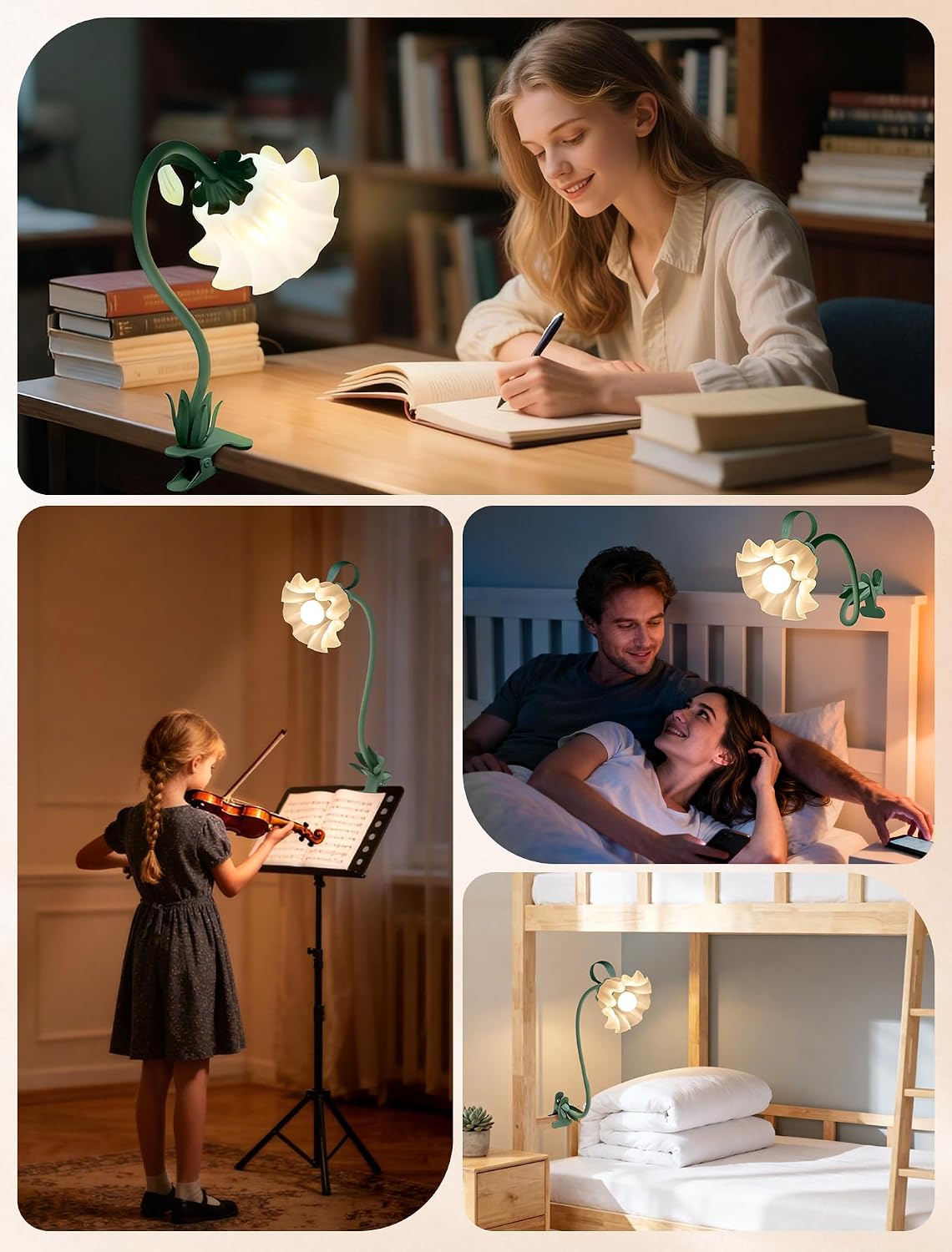 Clip On Flower Lamp for Bedroom, Aesthetic Bedside Reading Light with Flexible Gooseneck, 3 Color Modes Cute Desk Lamp